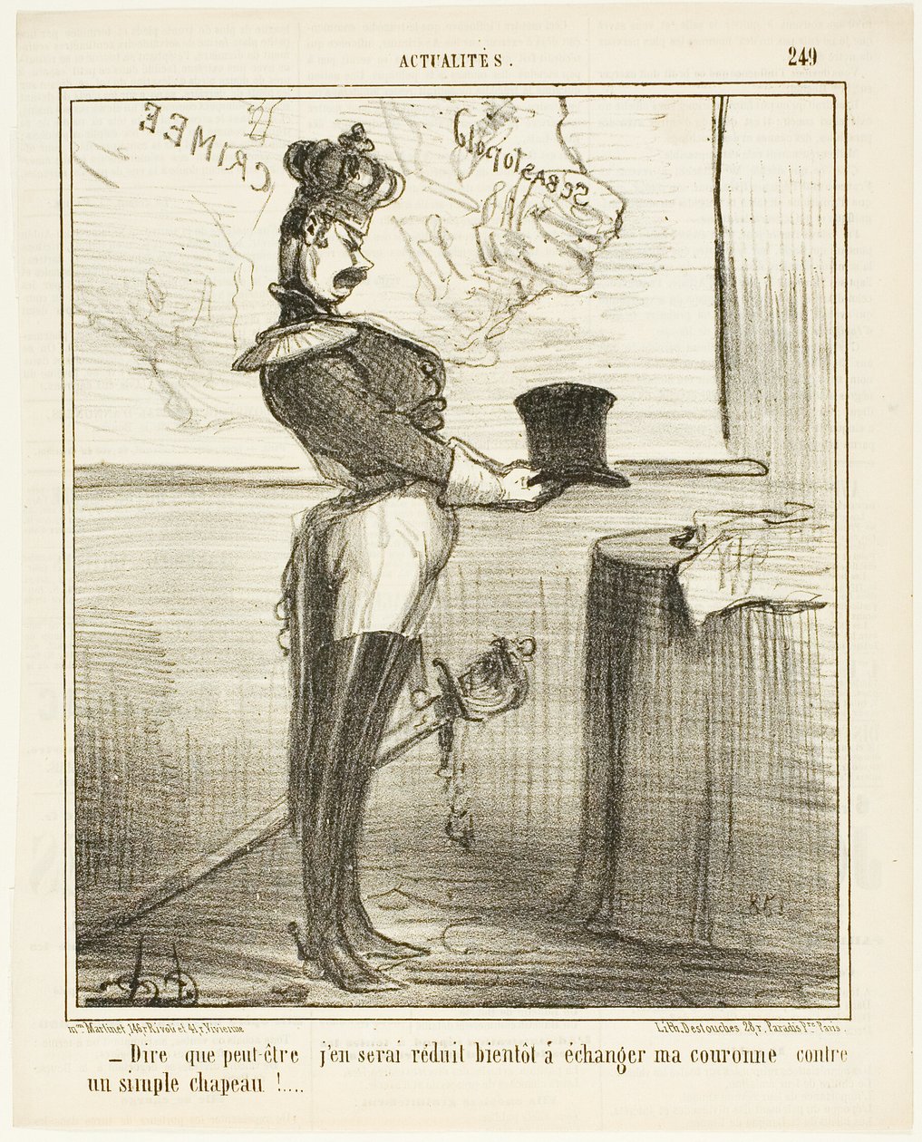 "- Me cuesta imaginar que un día tenga que cambiar mi corona por un simple sombrero", plato 249 de Actualités de Honoré Victorin Daumier