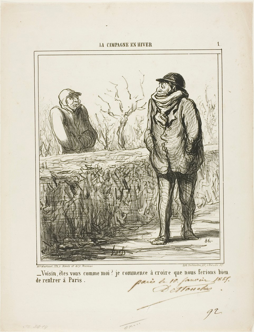 "- Hola, vecino, ¿eres como yo Empiezo a creer que haríamos bien volviendo a París", lámina 1 de La Campagne En Hiver de Honoré Victorin Daumier