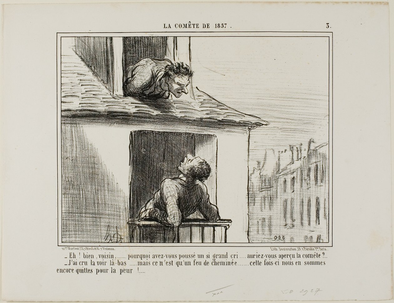 "- Hola, vecino... ¿qué era todo ese griterío... viste el cometa - Creí haberlo visto por allí... pero entonces era sólo el fuego de una chimenea... esta vez nos libramos sin más que un susto", lámina 3 de La Cométe De 1857. de Honoré Victorin Daumier