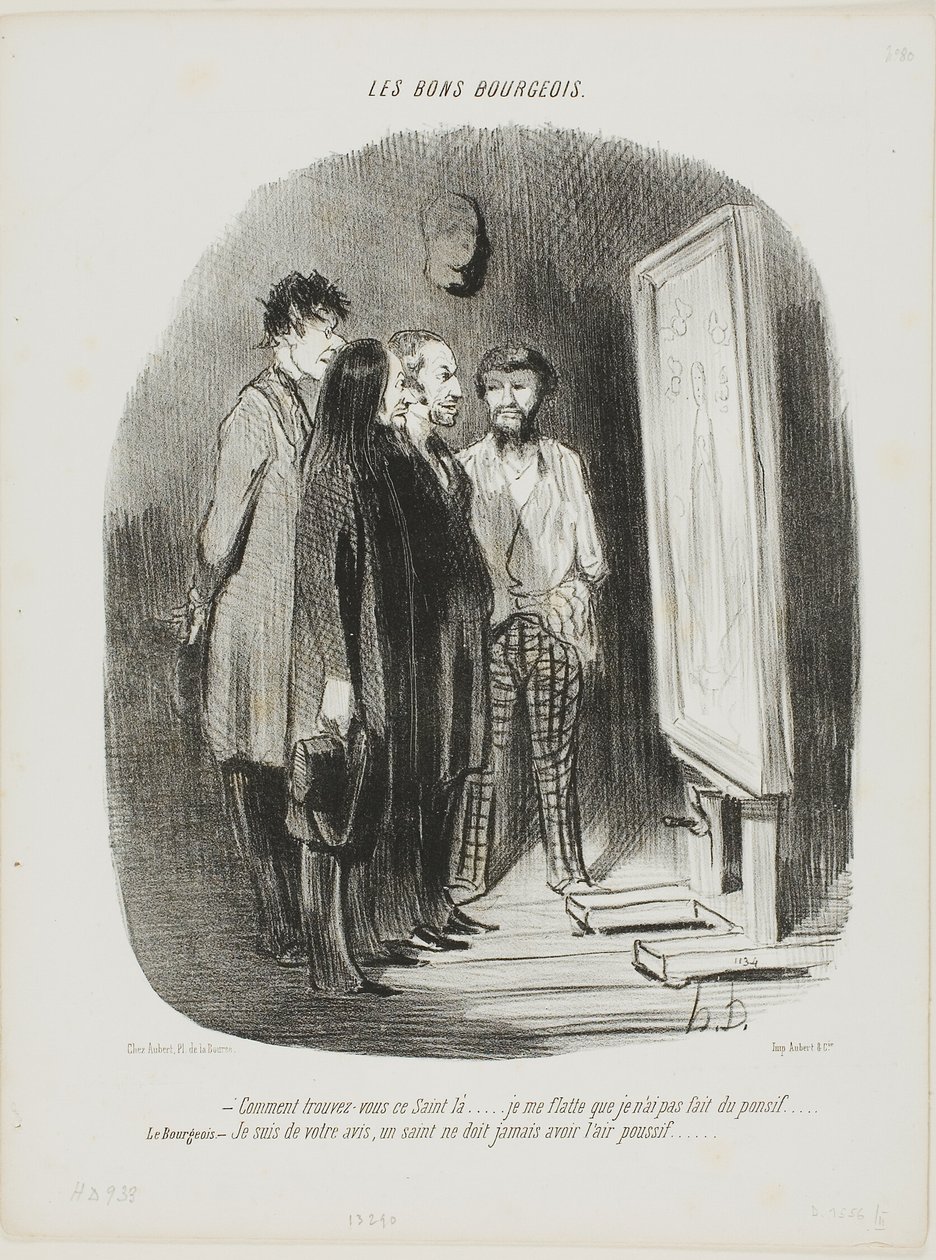 "- ¿Cómo se encuentra este santo allí.... Intenté que no pareciera demasiado convencional.... El burgués: - Estoy de acuerdo, un santo nunca debe parecer corto", plato 80 de Les Bons Bourgeois de Honoré Victorin Daumier