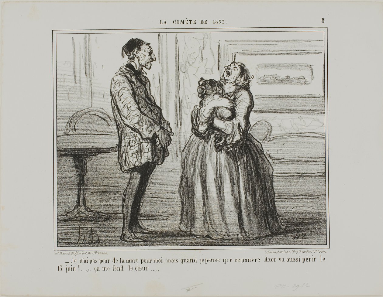 "- No temo por mí, pero si pienso en el pobre Azor que perecerá el 13 de junio... simplemente se me rompe el corazón", lámina 8 de La Cométe De 1857. de Honoré Victorin Daumier