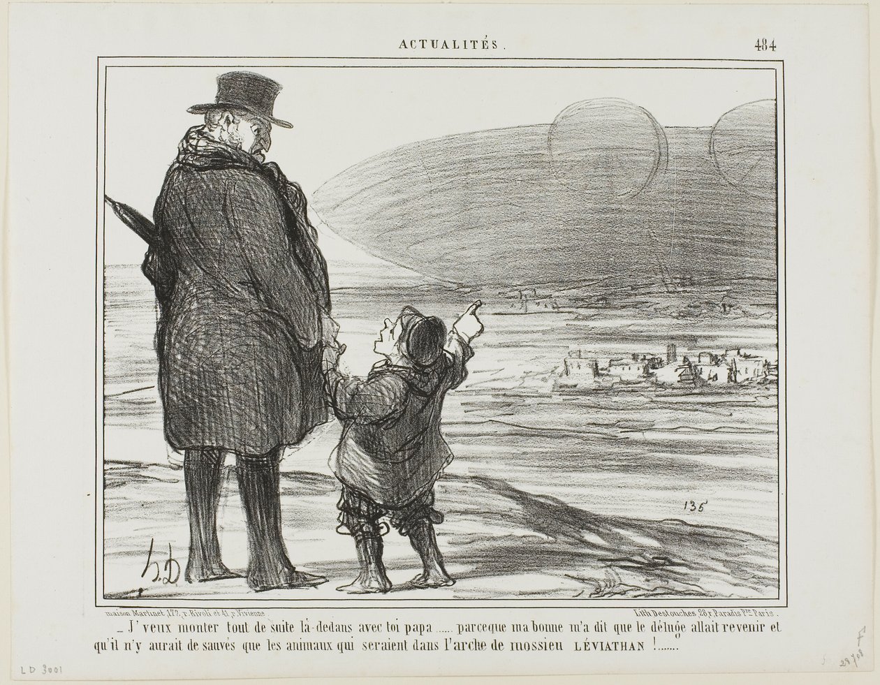 "- ¡Quiero ir en este barco contigo de inmediato, papá, mi niñera dijo que el diluvio vendrá de nuevo, y los únicos que se salvarán, serán los animales en el arca del Sr. Leviatán!", placa 484 de Actualités de Honoré Victorin Daumier
