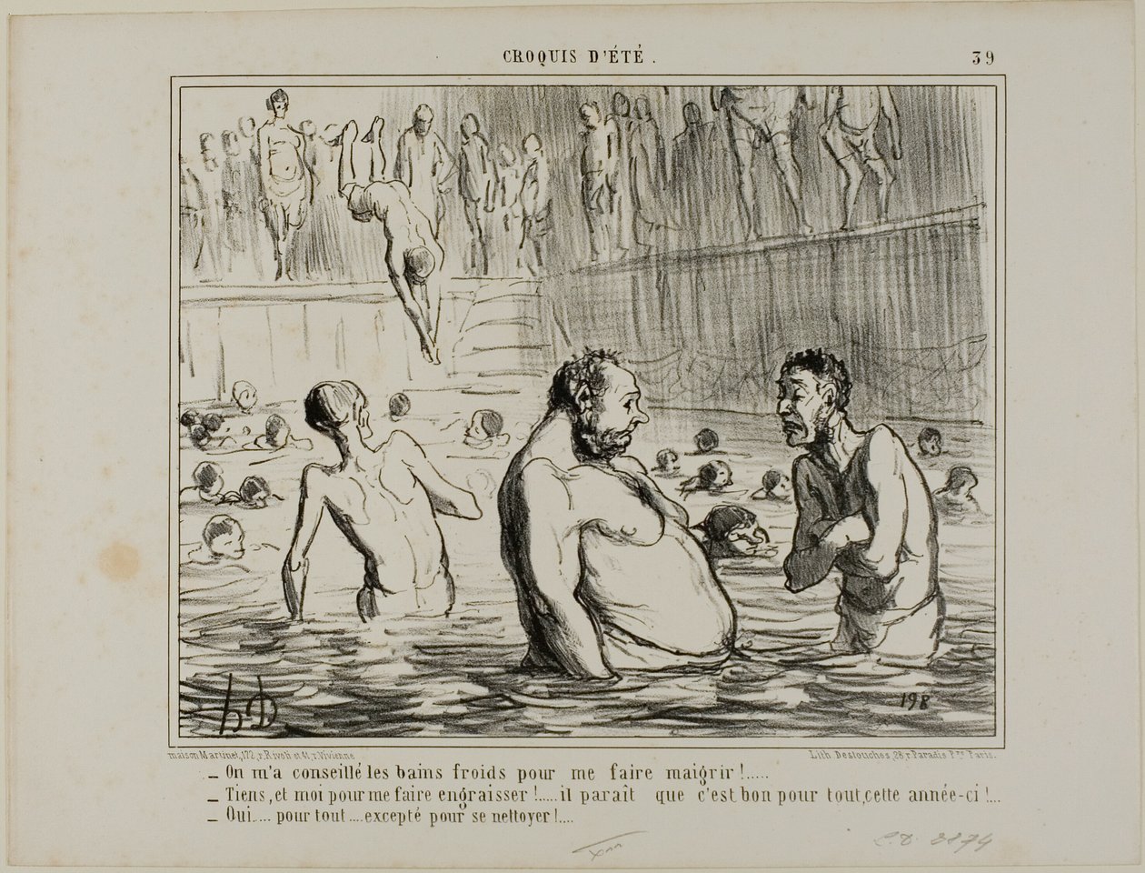 "- Me dijeron que fuera al batha frío para adelgazar. - No me digas, me acaban de decir lo contrario. - ¡A lo mejor este año son buenos para todo! - Cierto para todo, excepto para la limpieza," plato 39 de Croquis D
