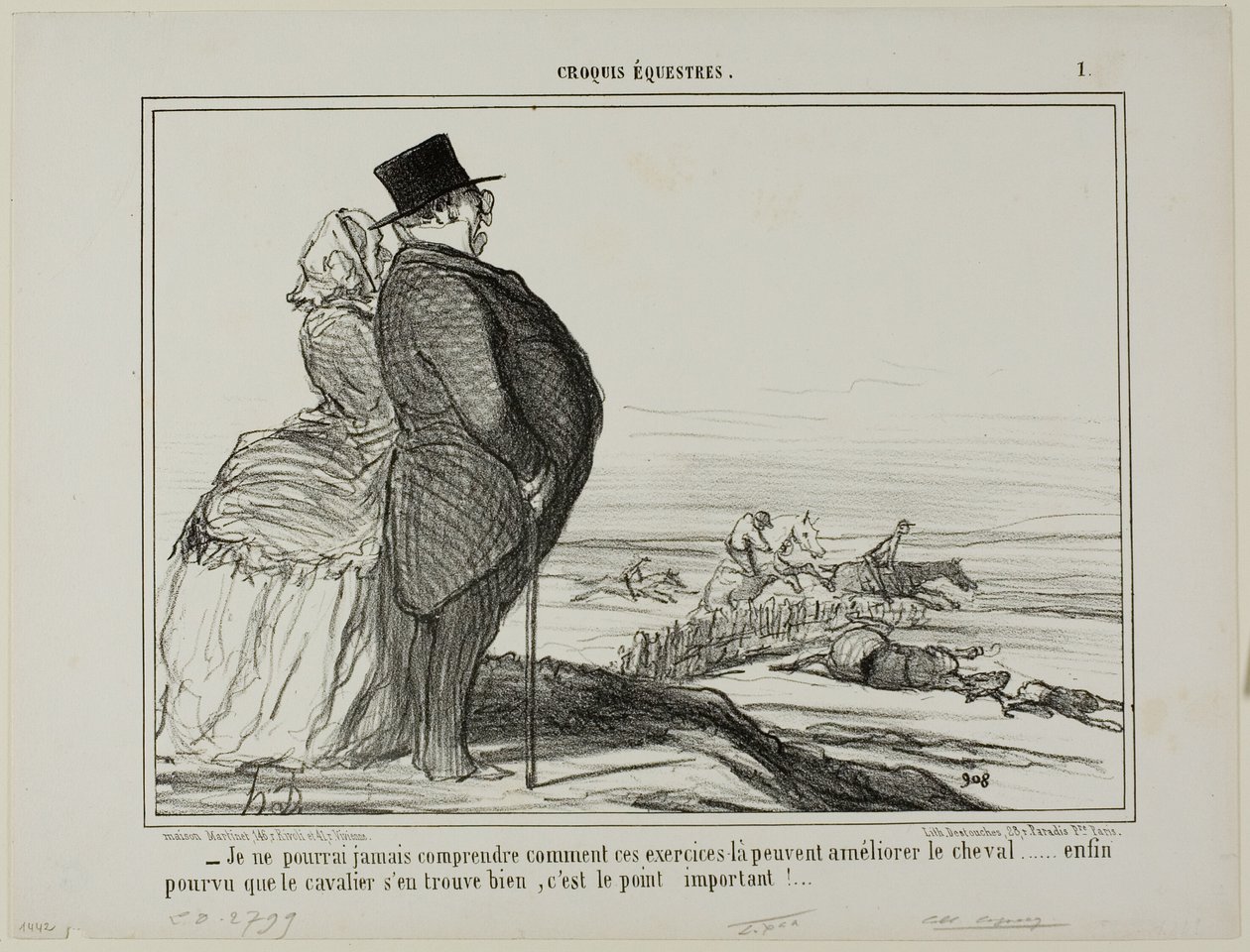 "- Nunca entenderé, cómo se supone que estos ejercicios mejoran la condición de un caballo..... lo único que realmente cuenta es que el jinete se sienta bien," plato 1 de Croquis Équestres de Honoré Victorin Daumier