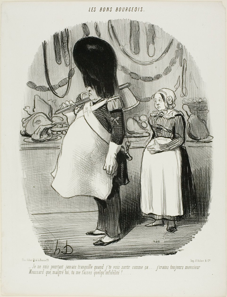 "- Nunca estoy tranquilo cuando te veo salir así... Siempre tengo miedo, Monsieur Moussard, de que sea infiel," plato 67 de Les Bons Bourgeois de Honoré Victorin Daumier