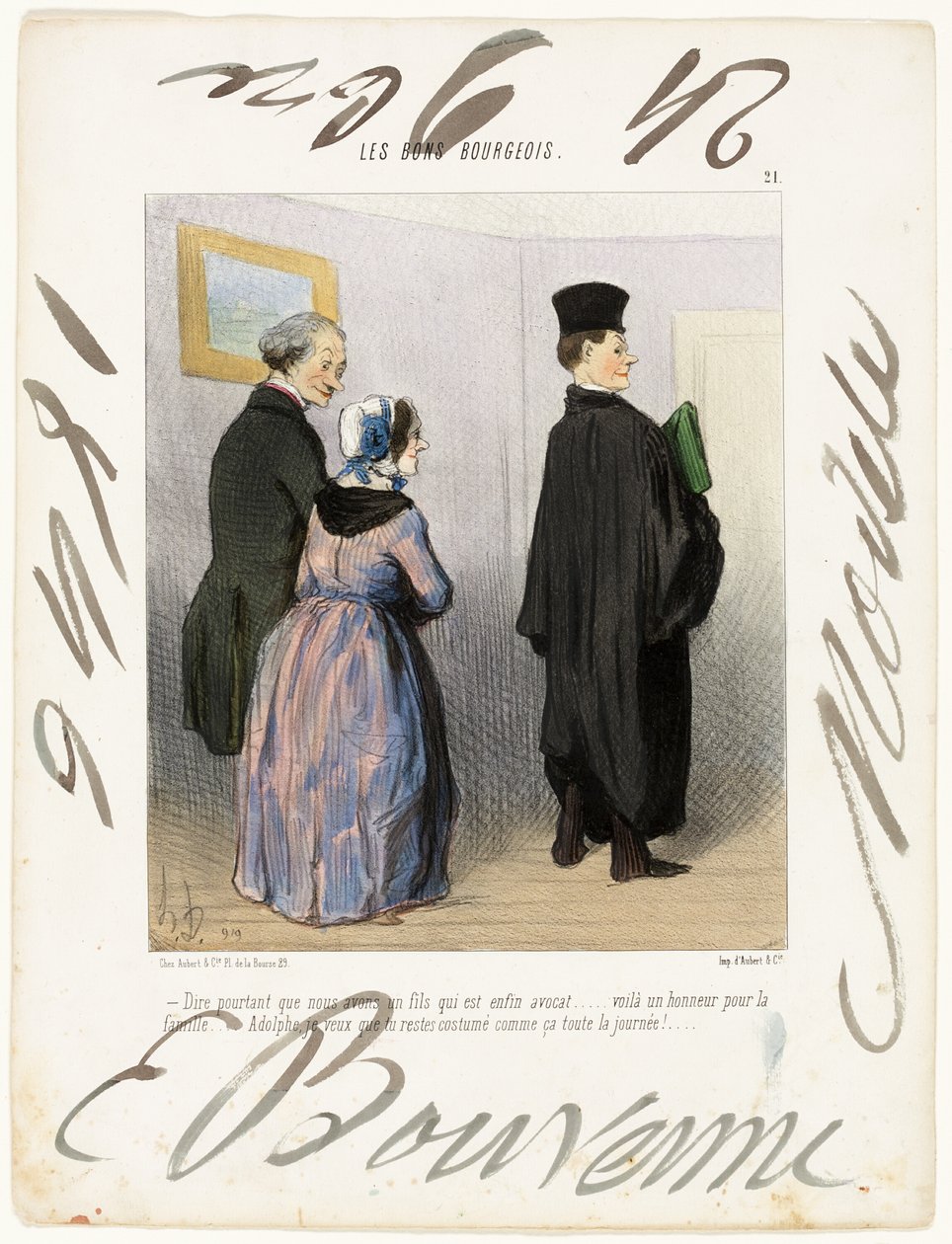 "- ¿No es maravilloso tener un hijo abogado... qué honor para la familia... Adolph, ¡quiero que te quedes vestido así todo el día!...," lámina 21 de Les Bons Bourgeois de Honoré Victorin Daumier