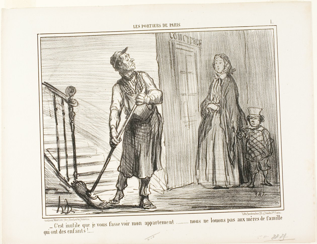 "- Es inútil mostrarle mi apartamento. No alquilamos a madres con niños", placa 1 de Les Portiers De Paris. de Honoré Victorin Daumier