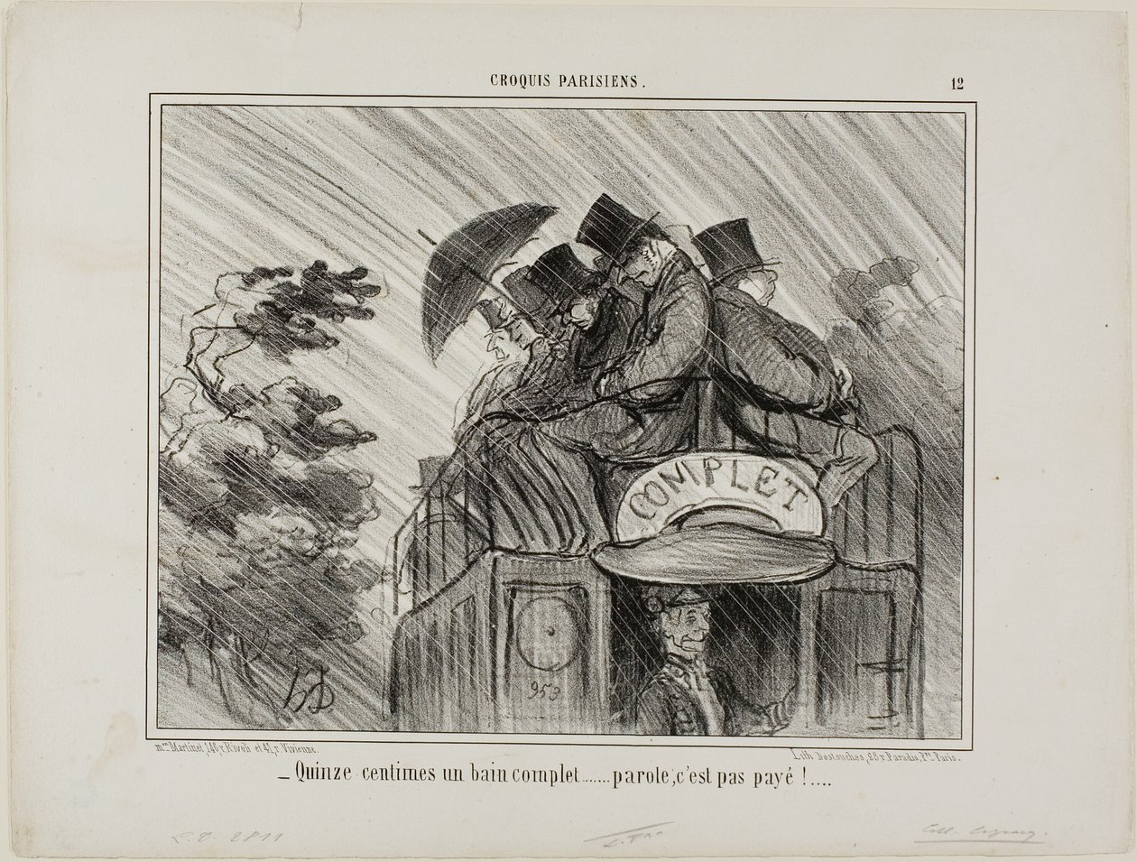 "- Sólo 15 céntimos por un baño completo .... ¡qué ganga!", lámina 12 de Croquis Parisiens de Honoré Victorin Daumier