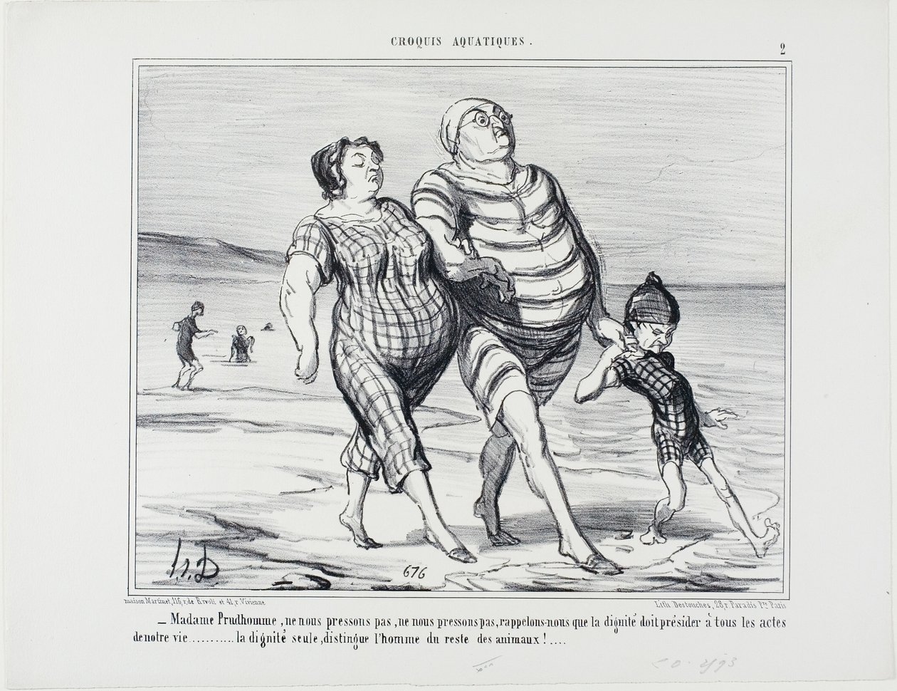 "- Madame Prudhomme, no nos precipitemos, recordemos que la dignidad debe presidir todos los actos de la vida... sólo la dignidad distingue al hombre del resto de los animales", lámina 2 de Croquis Aquatiques de Honoré Victorin Daumier