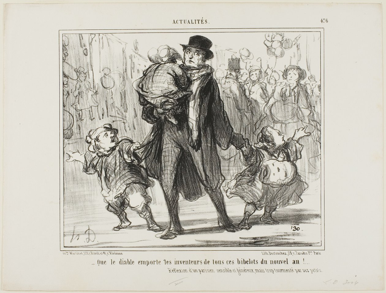 "- ¡Que el diablo se lleve al inventor de todos estos regalos de Año Nuevo!" Reflexión de un padre parisino sensible, generoso pero atormentado, lámina 476 de Actualités de Honoré Victorin Daumier