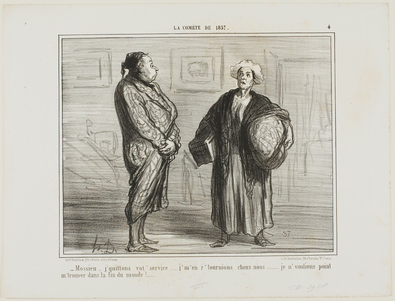 "- Monsieur, dejo su servicio, me voy a casa... No quiero estar aquí cuando se acabe el mundo," lámina 4 de La Cométe De 1857 de Honoré Victorin Daumier