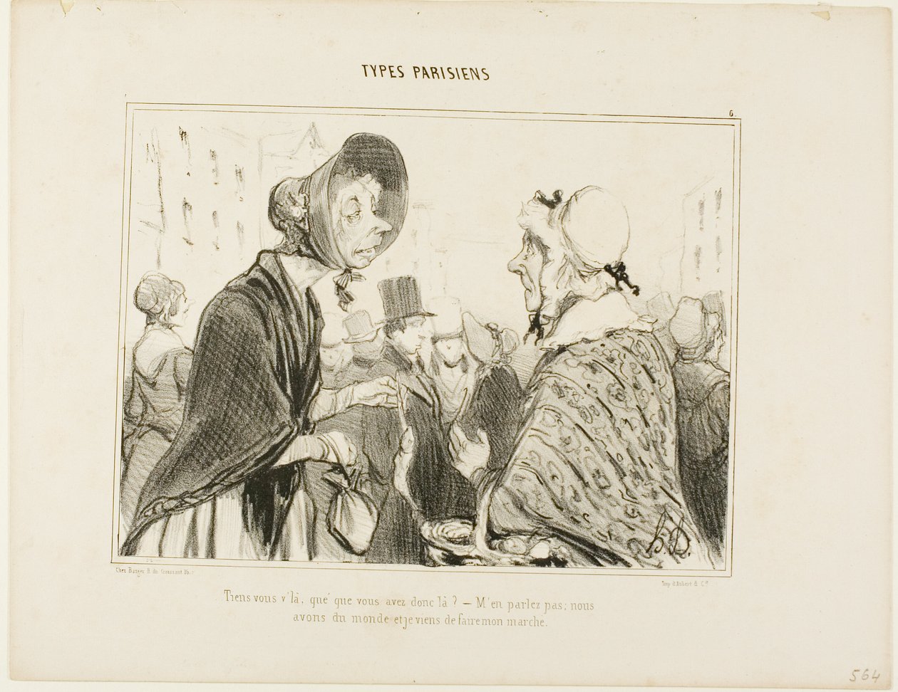 "- Oh, aquí estás..... ¿qué tienes ahí..... - No hablemos de ello.... tenemos invitados, y acabo de hacer la compra," plato 6 de Types Parisiens de Honoré Victorin Daumier