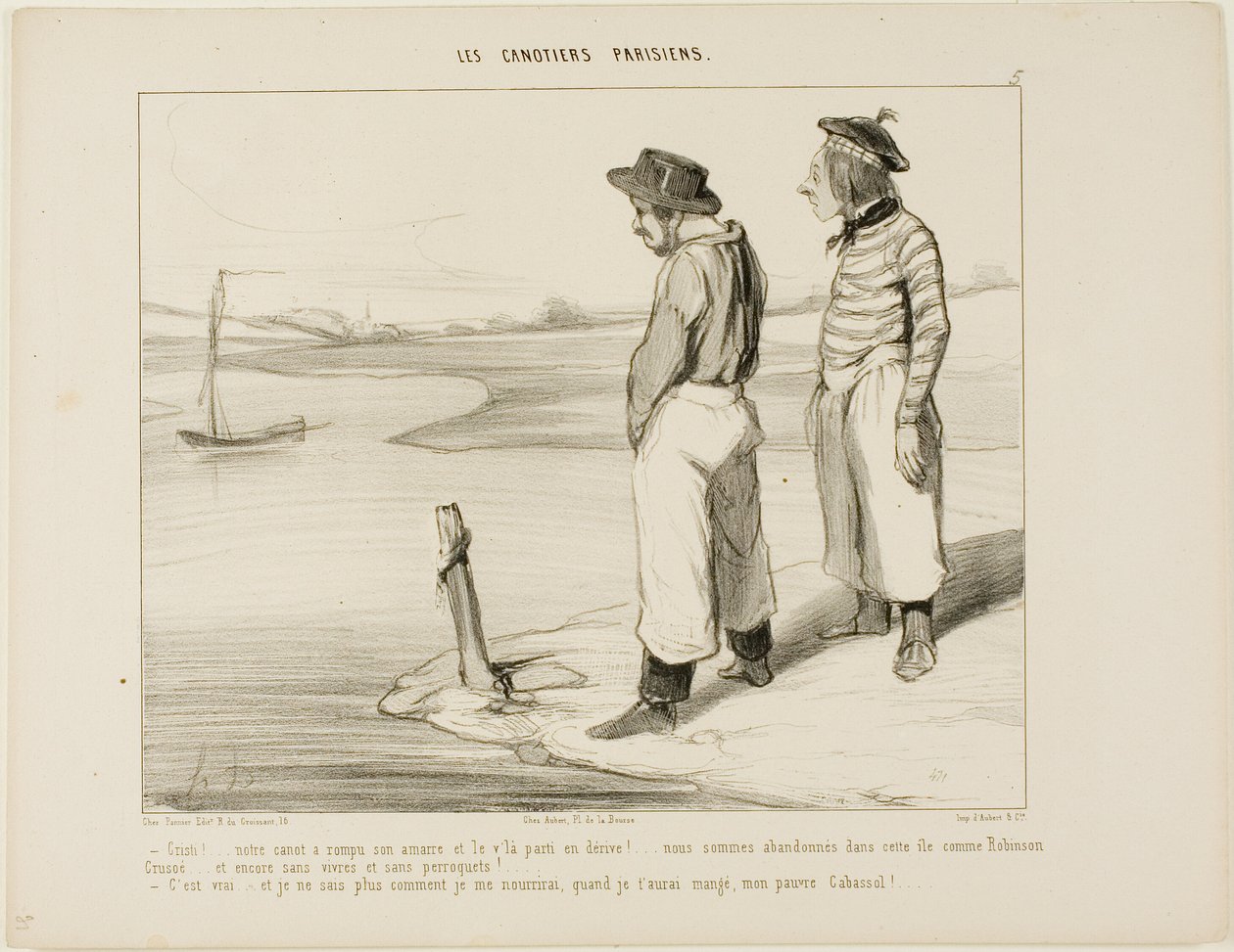 "- Nuestro barco soltó el ancla y se ha ido a la deriva.... estamos atrapados en esta isla solitaria como Robinson Crusoe... y sin nada que comer y sin loro... - Eso es verdad.... y realmente no sé qué comer, una vez que te haya devorado, ¡pobre Cabassol!, de Honoré Victorin Daumier