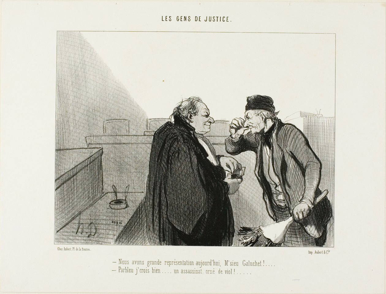"- Debería ser una gran actuación la de hoy, Sr.Galuchet... - Eso creo... Un caso de asesinato con una violación ... ", placa 31 de Les Gens De Justice de Honoré Victorin Daumier