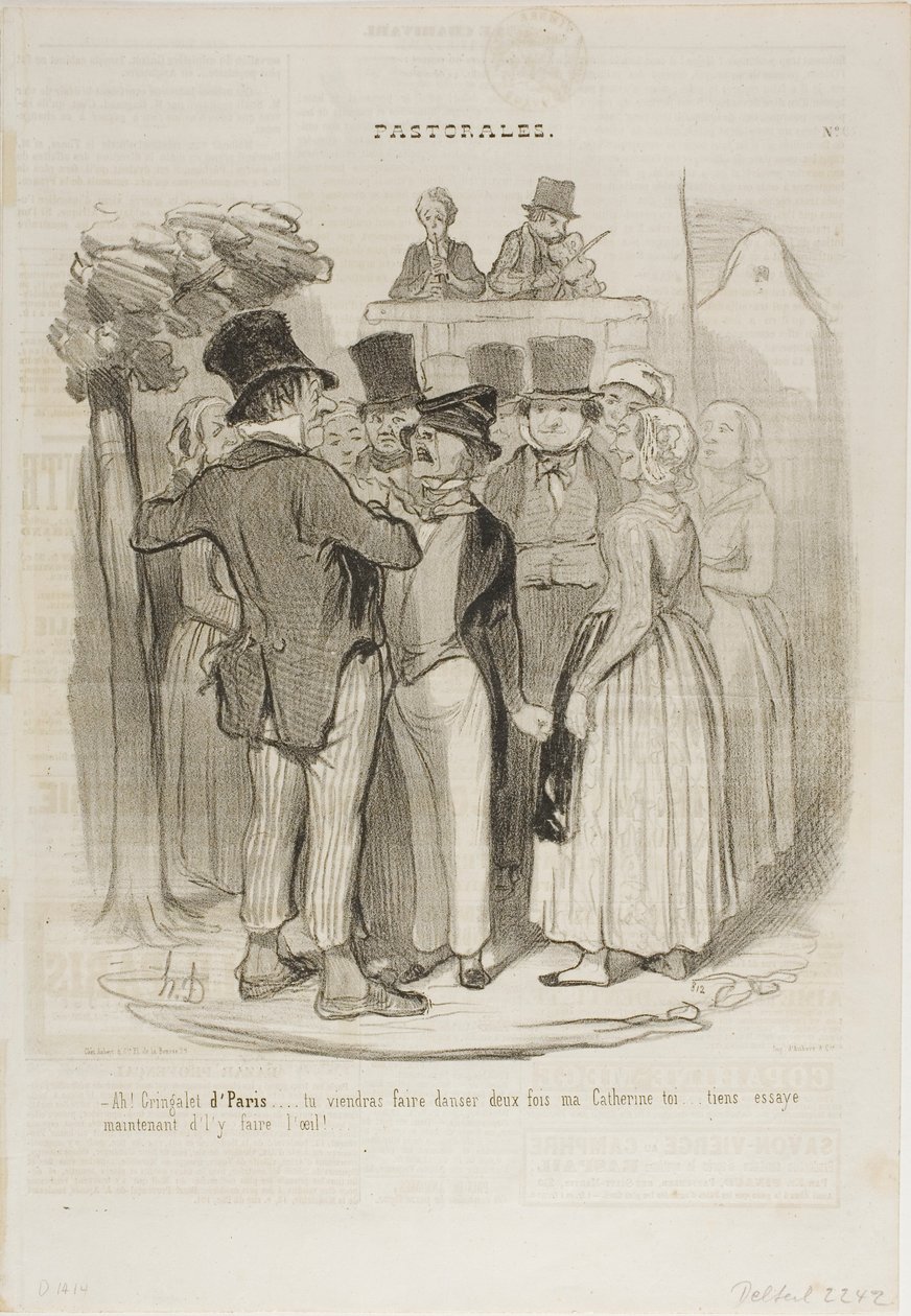 "- ¡Así que, Gringalet de París!.... bailarás dos veces con mi Catherine ...... intenta de nuevo ahora hacerle ojitos de oveja," plato 27 de Pastorales de Honoré Victorin Daumier