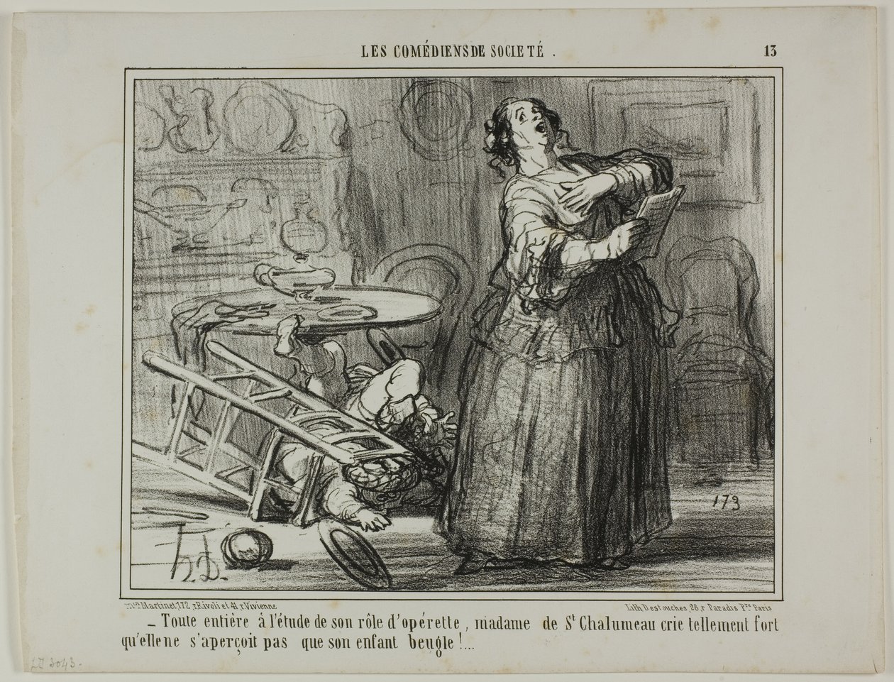 - Llevada por su papel de opereta, Madame de St. Chalumeau grita tan alto que no se da cuenta de los bramidos de su hijo, lámina 13 de Les Comédiens De Société. de Honoré Victorin Daumier
