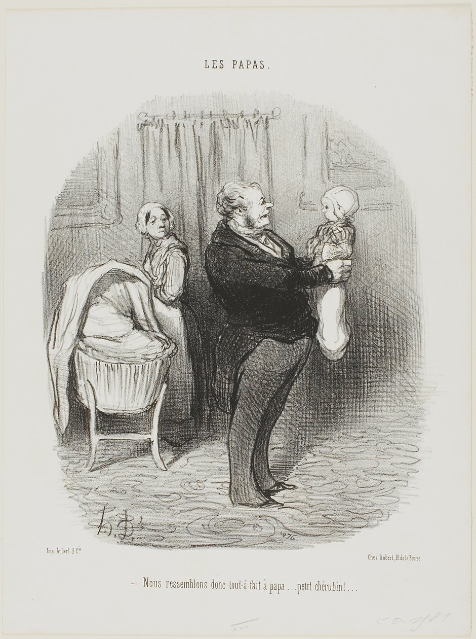 "- Realmente nos parecemos a papá, ¿verdad... ¡pequeño Querubín!", plato 14 de Les Papas de Honoré Victorin Daumier