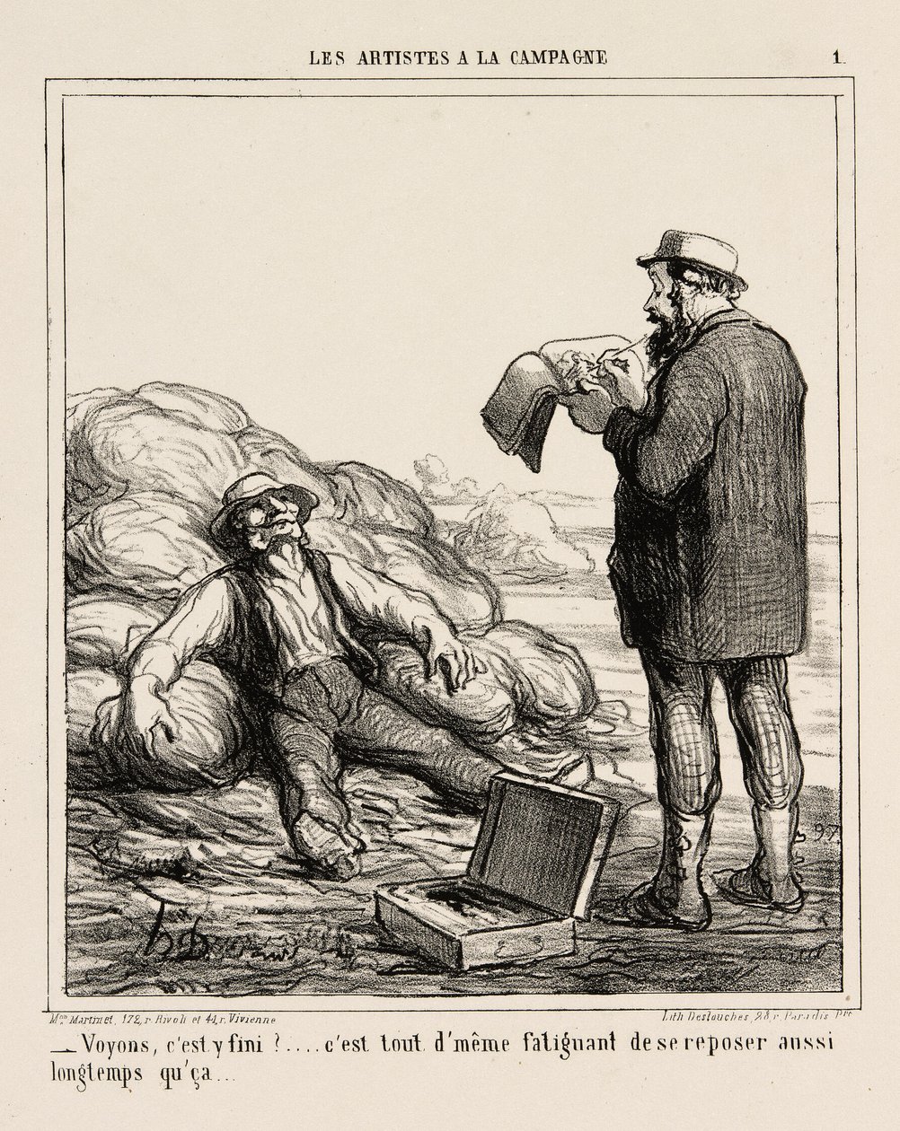 "- Bueno, ¿has terminado por fin... después de todo es agotador relajarse durante tanto tiempo," plato 1 de Les Artistes A La Campagne de Honoré Victorin Daumier