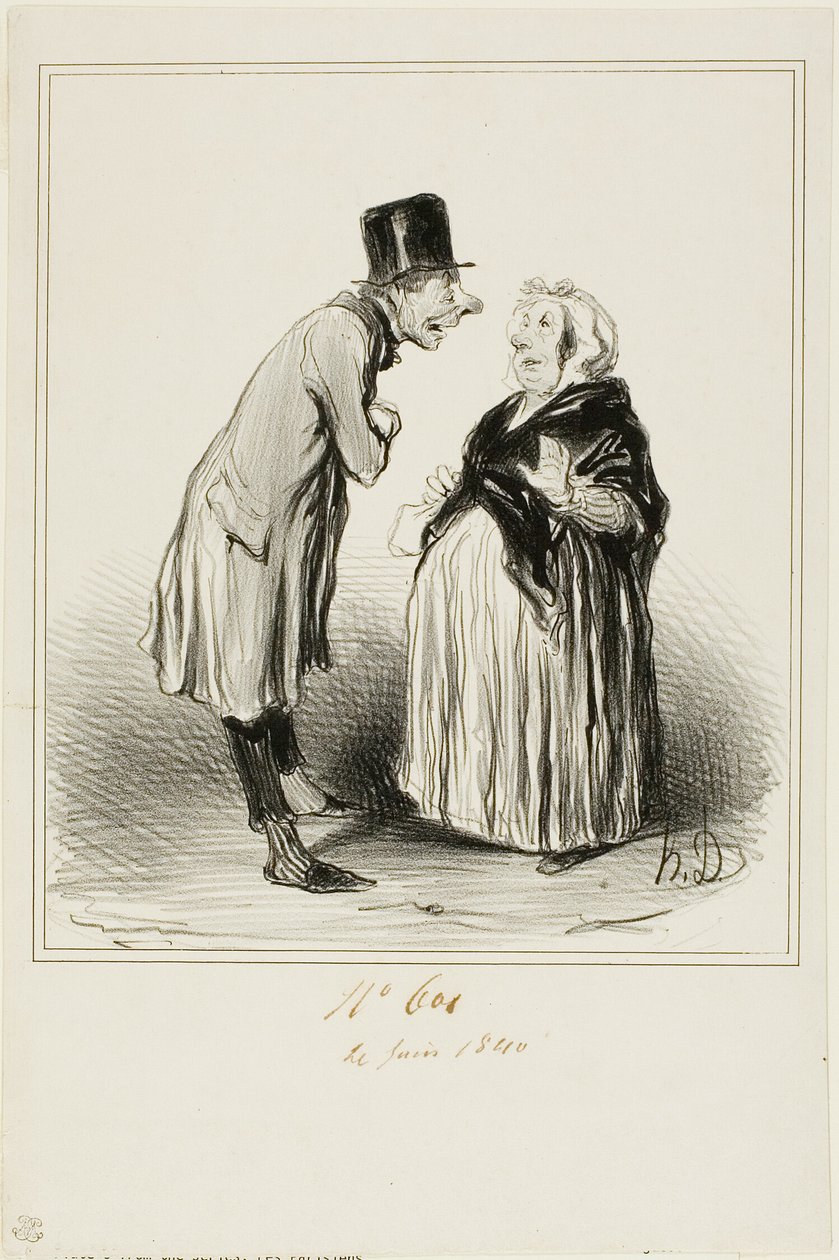 "- Pues sí, es verdad, la hija de Mame Chopin se casó ayer con el hijo de Durand. Acabo de hablar con el joven y por lo que me ha dicho (en plena confidencia), ella debe haber tenido algunos extraños antes que él...", lámina 6 de Les Parisiens. de Honoré Victorin Daumier