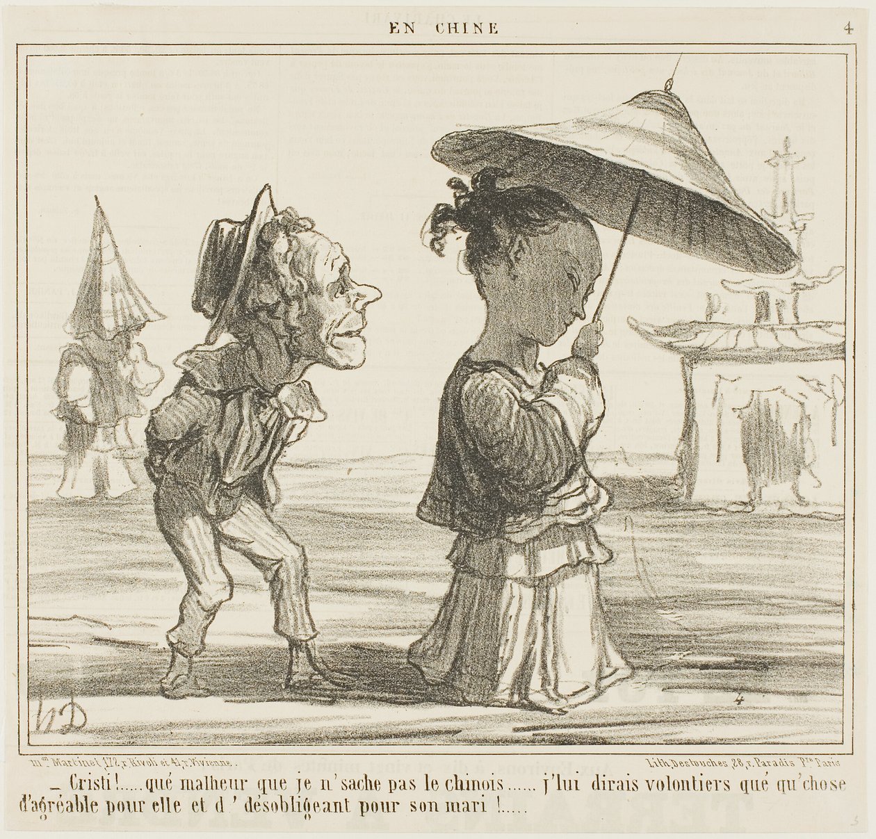 "- Qué pena que no hable chino... Me encantaría decirle algo muy bonito a ella y algo bastante desagradable a su marido", placa 4 de En Chine. de Honoré Victorin Daumier