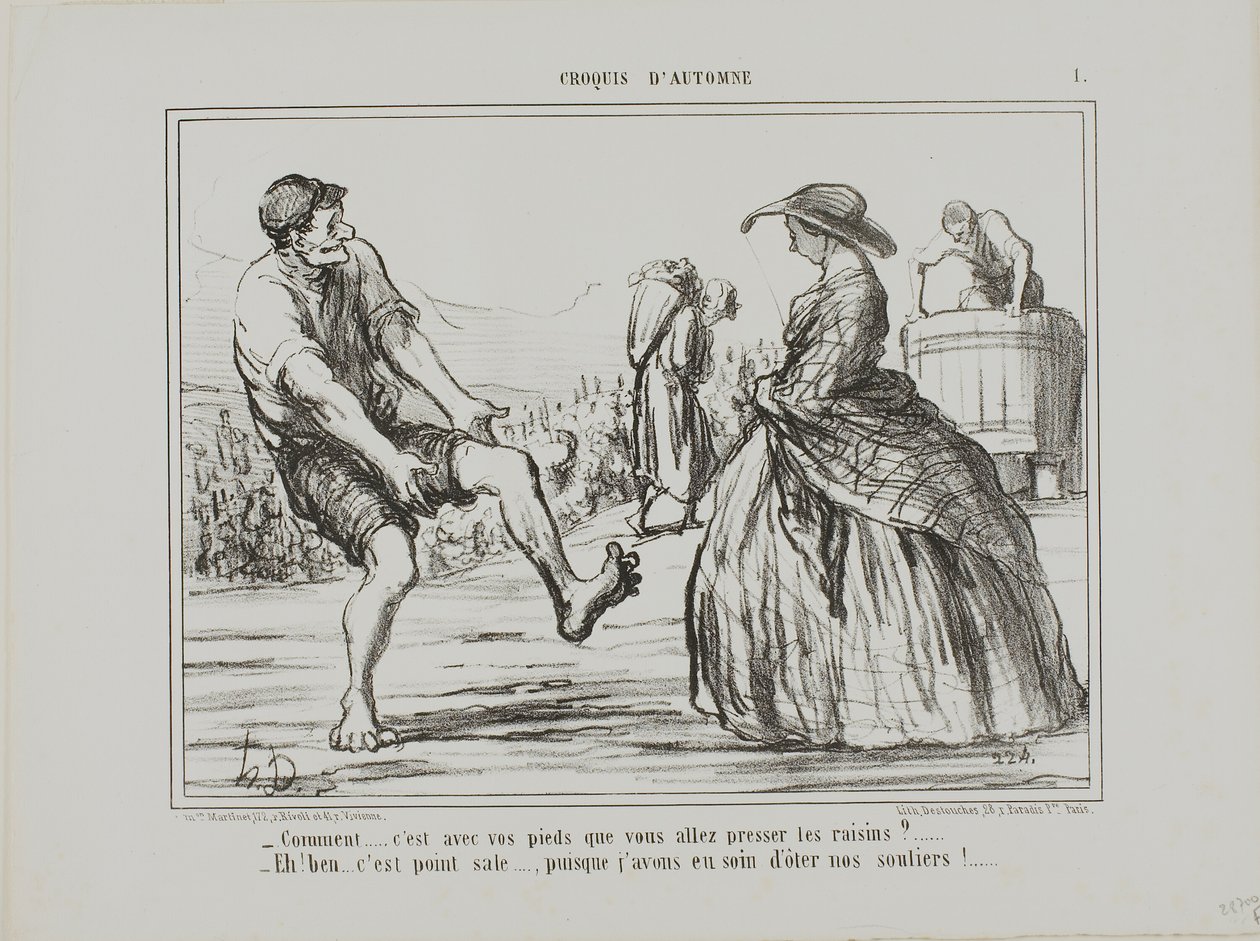 "-¿Qué, ¿estás prensando las uvas con los pies... -Claro, y no está nada sucio... ¡desde que me quité los zapatos!", lámina 1 de Croquis D