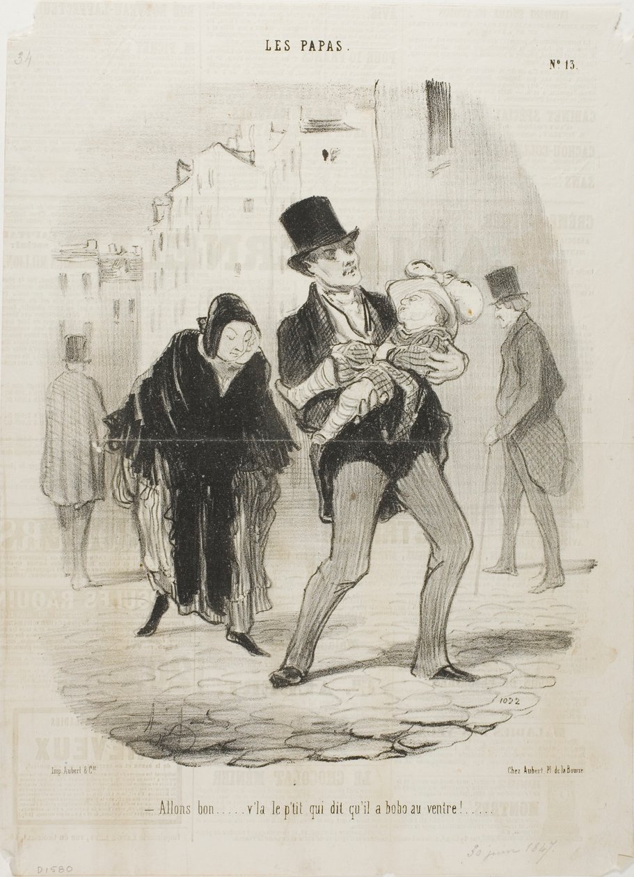 "- Sí, está bien, pero al pobre chico le duele la barriga," plato 13 de Les Papas de Honoré Victorin Daumier