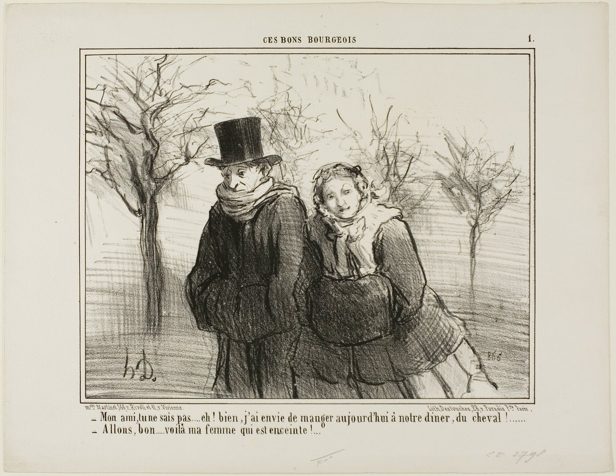 "- Sabes querida, no te lo vas a creer, pero creo que me encantaría cenar carne de caballo esta noche. - Allá vamos.... ¡mi mujer debe estar embarazada!," plato 1 de Ces Bons Bourgeois de Honoré Victorin Daumier