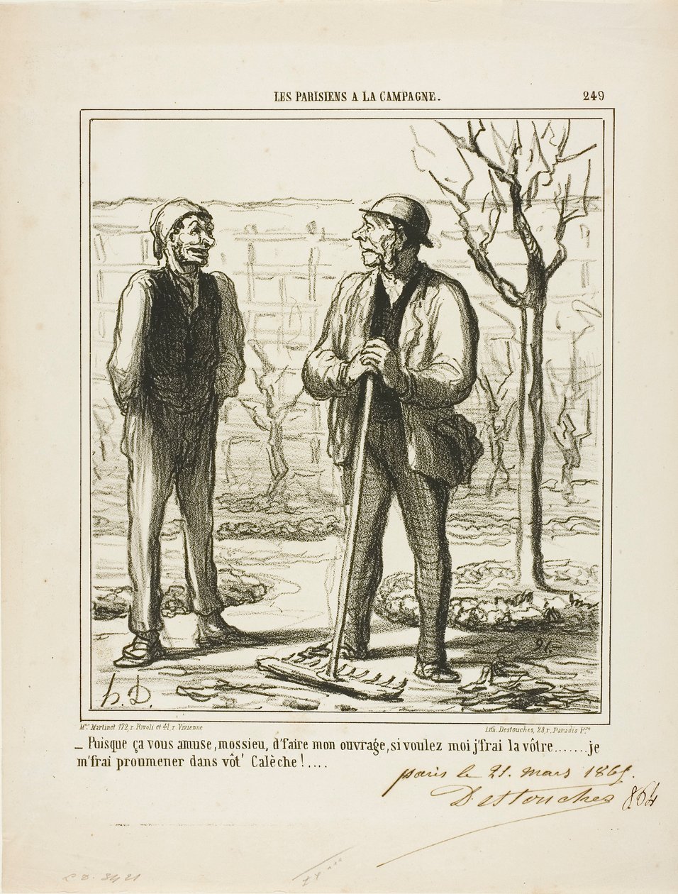 "- Parece que te gusta hacer mi trabajo. A cambio podría ofrecerte hacer tu trabajo: Iré a dar un paseo en tu carruaje", plato 249 de Les Parisiens A La Campagne. de Honoré Victorin Daumier