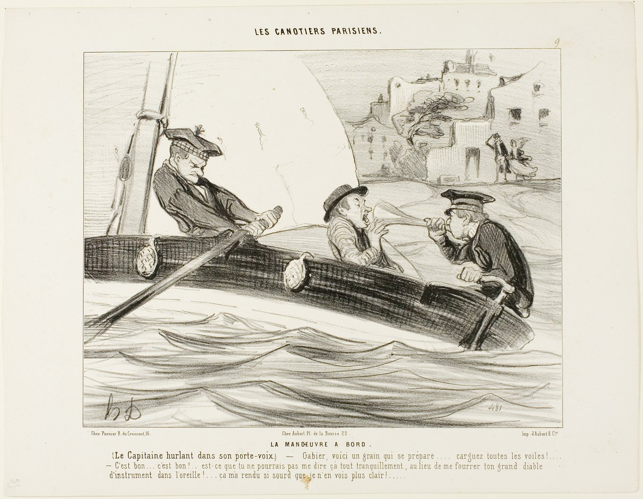 Una maniobra de barco. El Capitán gritando en su trompeta: "- ¡Gabier! Se está formando una borrasca, ¡prepárense! ..... Izad todas las velas!... Eso está bien:.... ¡muy bien! - ¿Por qué no me lo has dicho con calma en vez de meterme este enorme instrument de Honoré Victorin Daumier
