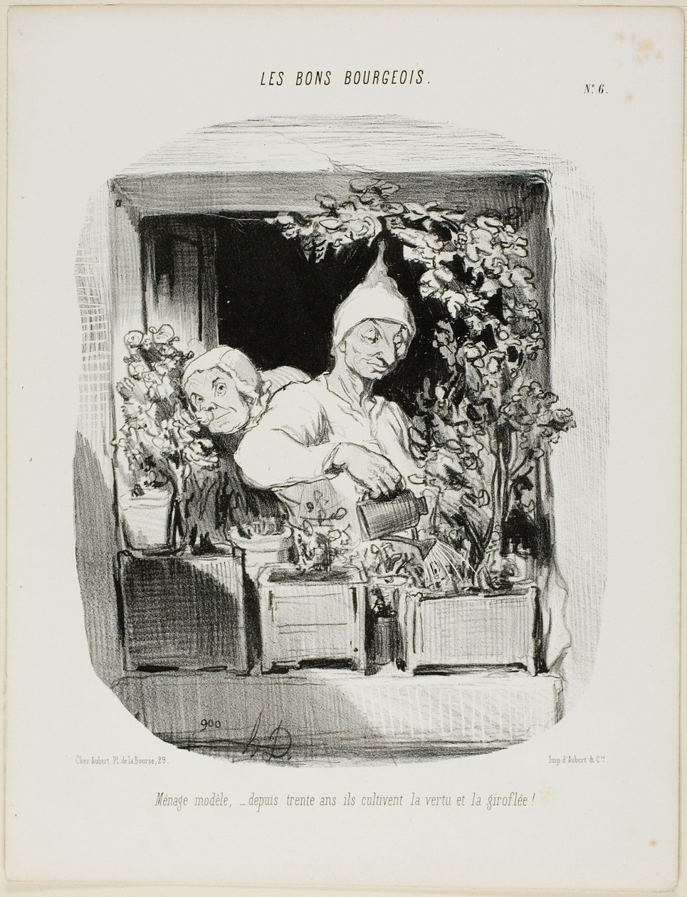 Un matrimonio modelo: Durante treinta años han cultivado la virtud y los claveles, lámina seis de Les Bons Bourgeois. de Honoré Victorin Daumier