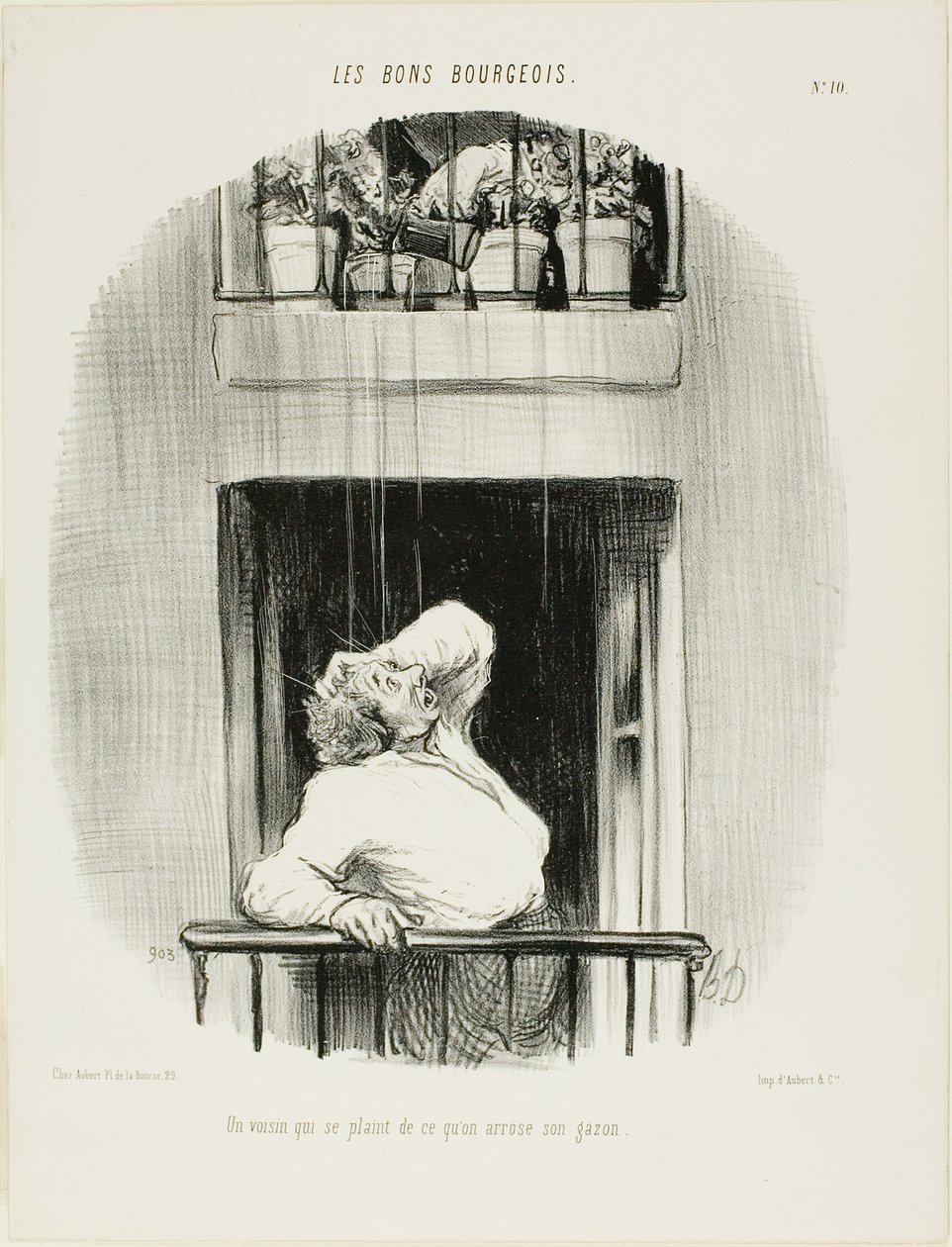 Un vecino se queja del riego de su césped, lámina diez de Les Bons Bourgeois de Honoré Victorin Daumier