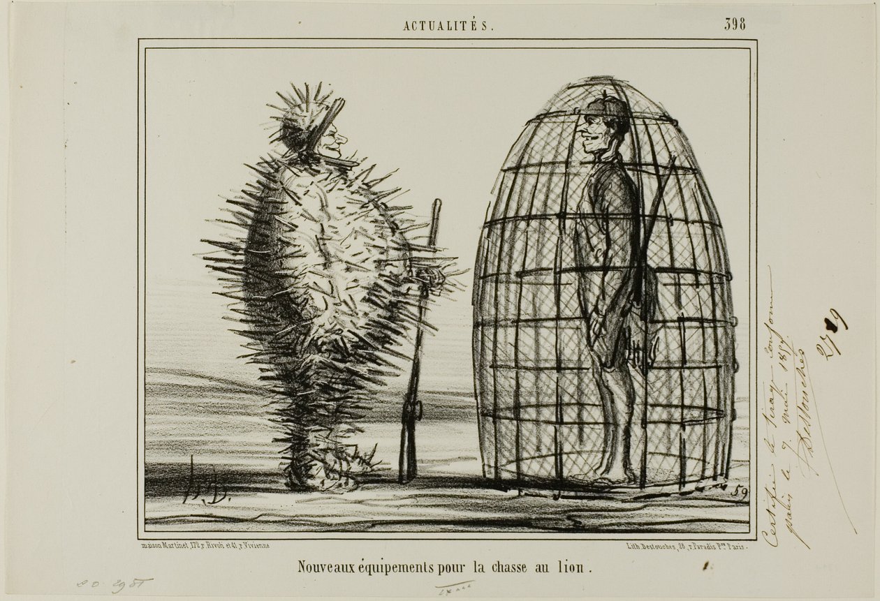 Un nuevo traje para la caza del león, plato 395 de Actualités de Honoré Victorin Daumier