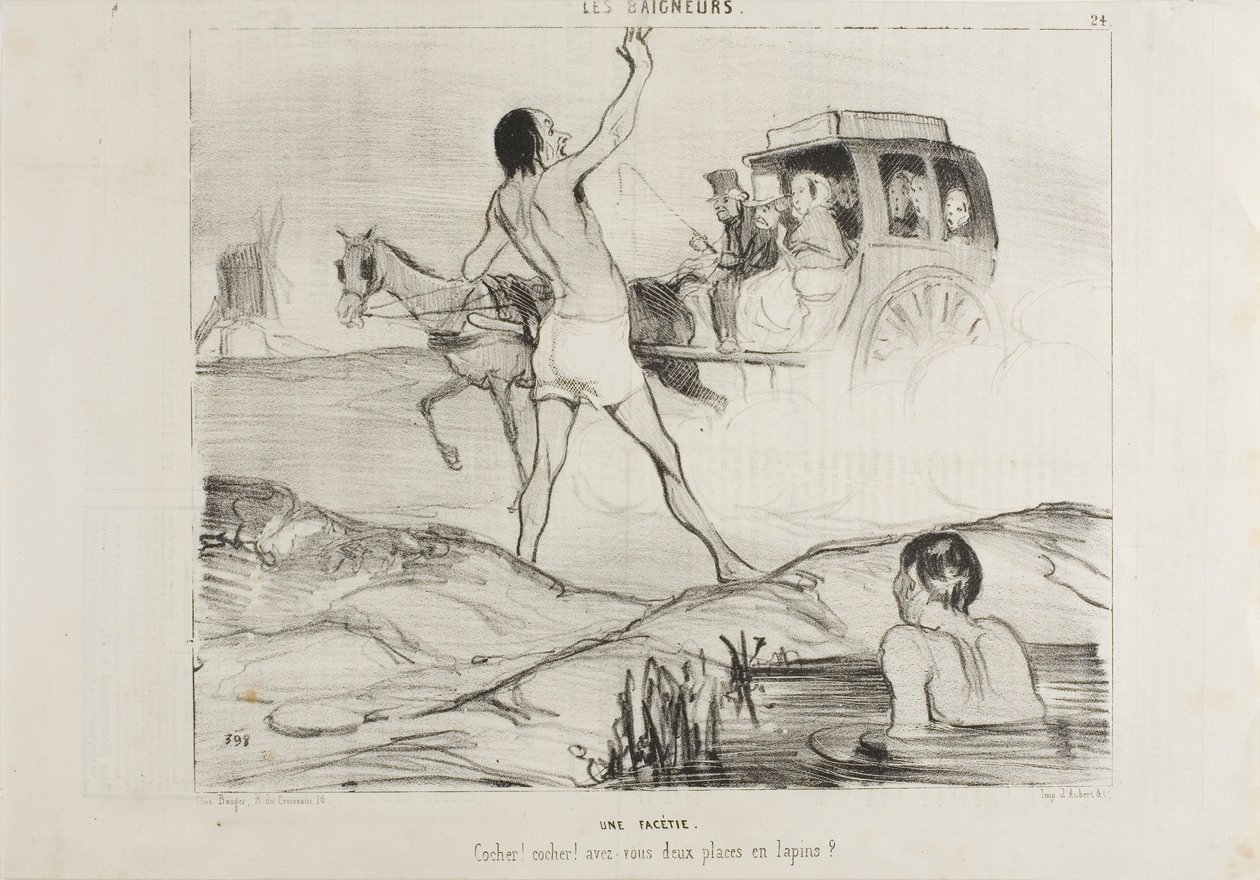 Una broma práctica. "¡Conductor! ¡Conductor! ¿Todavía tiene dos asientos en la sección de conejos", plato 24 de Les Baigneurs. de Honoré Victorin Daumier