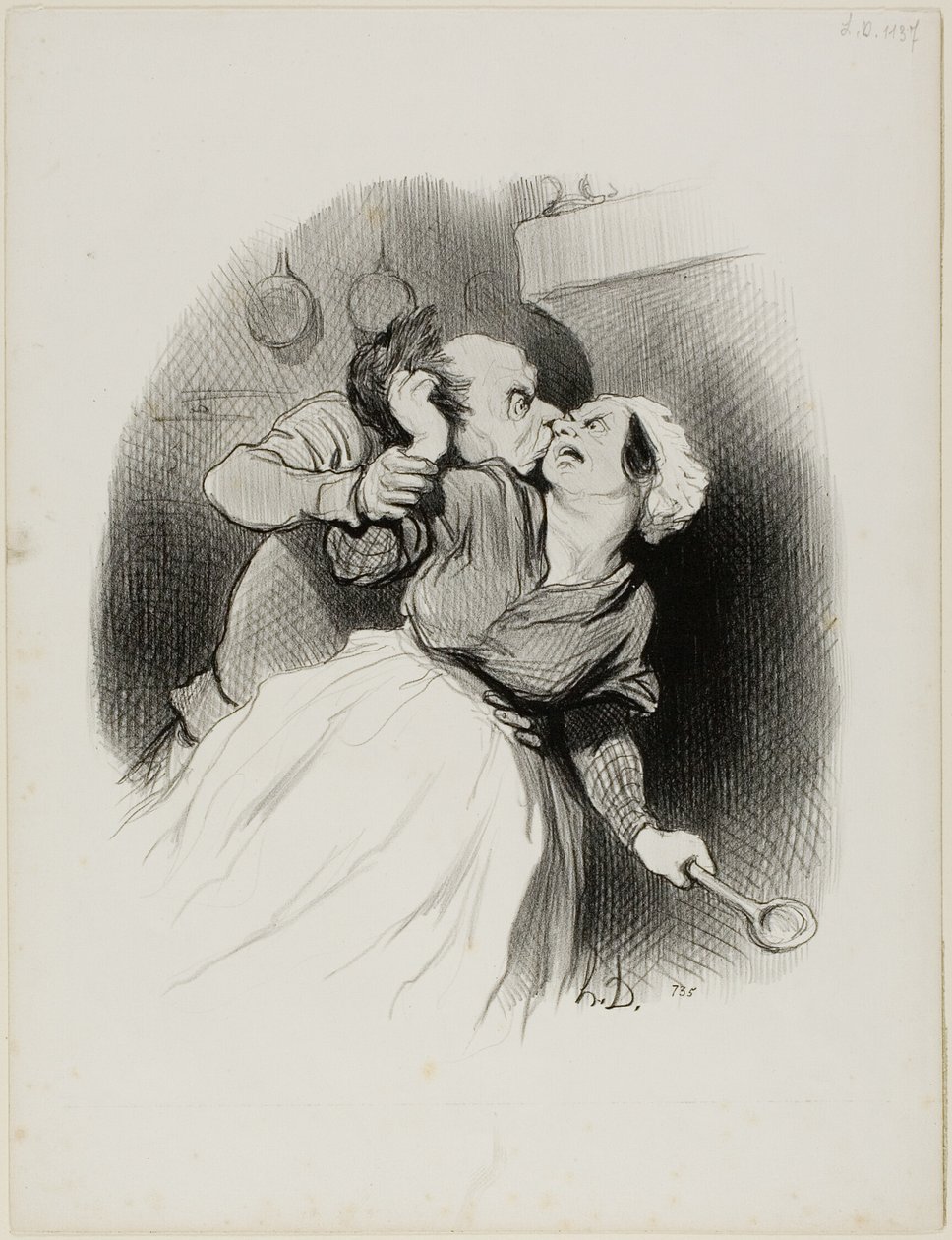 El retorno de la juventud. "Grita todo lo que quieras, diablillo.... mi mujer no está en casa.... ¡arráncame el pelo a gusto!", lámina 50 de Les beaux Jours de la vie. de Honoré Victorin Daumier