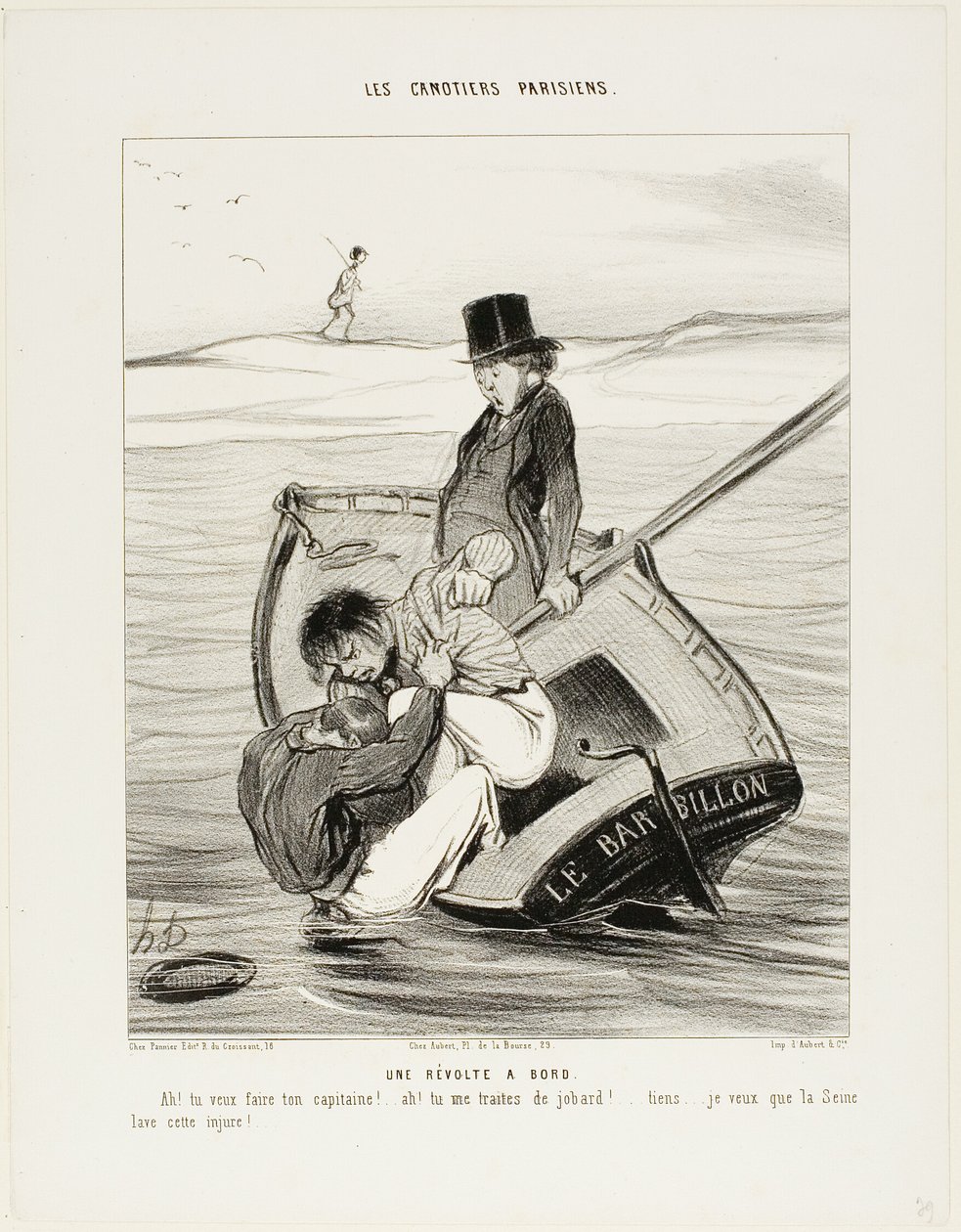 Una revuelta a bordo. "-¡Ah! quieres ser tu propio capitán!... -¡Ah! me tratas como a un idiota... oye... Espero que el Sena se lleve ese insulto", lámina 13 de Les Canotiers Parisiens. de Honoré Victorin Daumier