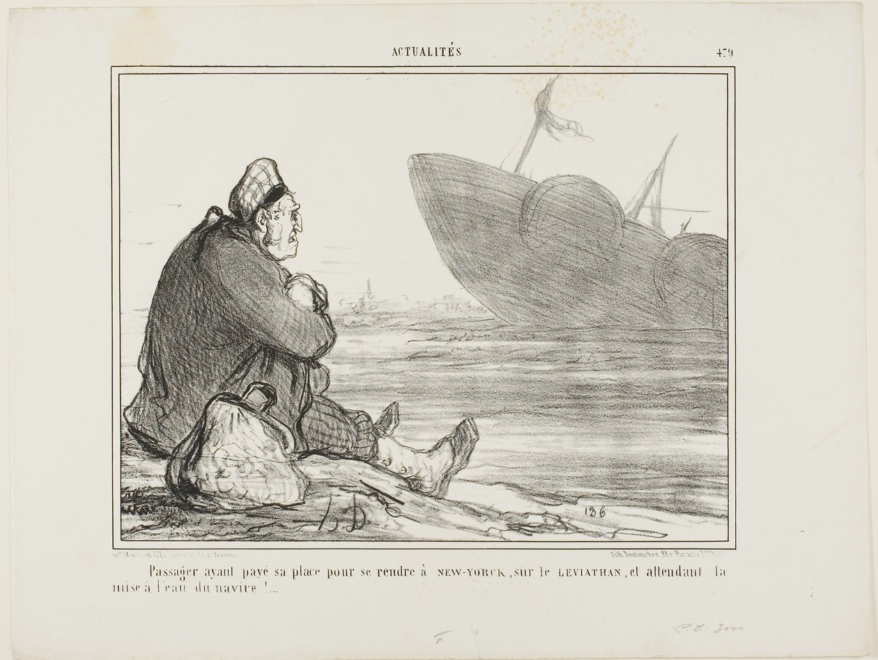 Un pasajero que ha pagado su billete a NUEVA YORK en el LEVIATHAN, esperando a que el barco sea finalmente puesto en el agua, placa 479 de Actualités de Honoré Victorin Daumier