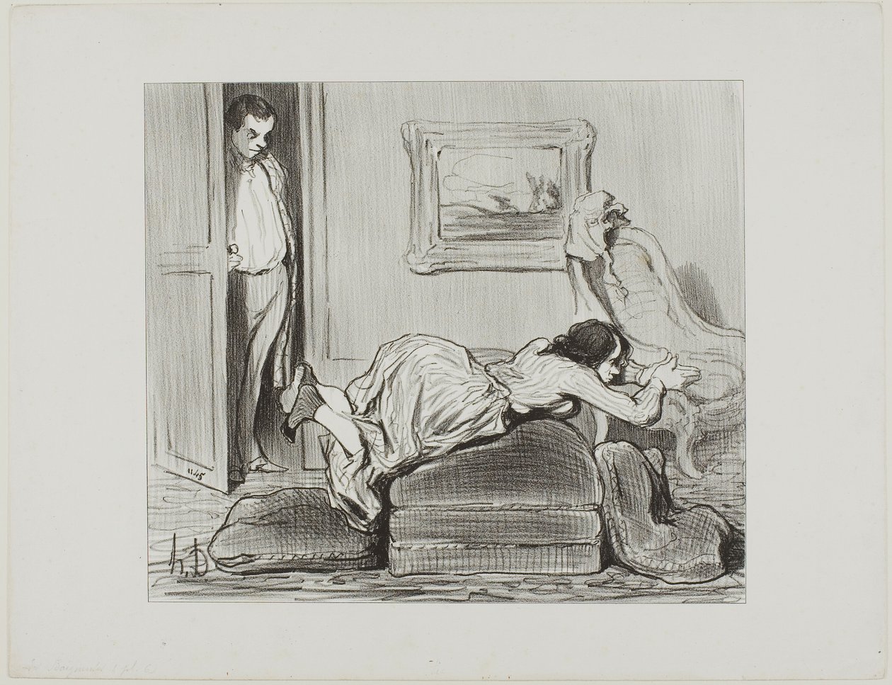 Una estudiante entusiasta practicando en casa, lámina 6 de Les Baigneuses de Honoré Victorin Daumier
