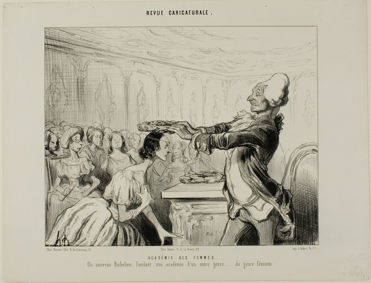 Academia de Mujeres. Un nuevo Richelieu, fundando una nueva Academia de otro tipo.... del género femenino, lámina 33 de Revue Caricatureale de Honoré Victorin Daumier