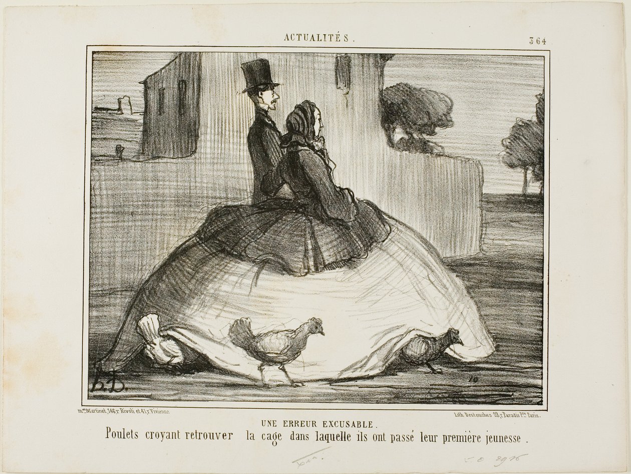 Un error excusable. Gallinas que creen haber encontrado la jaula donde pasaron su primera infancia, lámina 21 de La Crinolomanie de Honoré Victorin Daumier