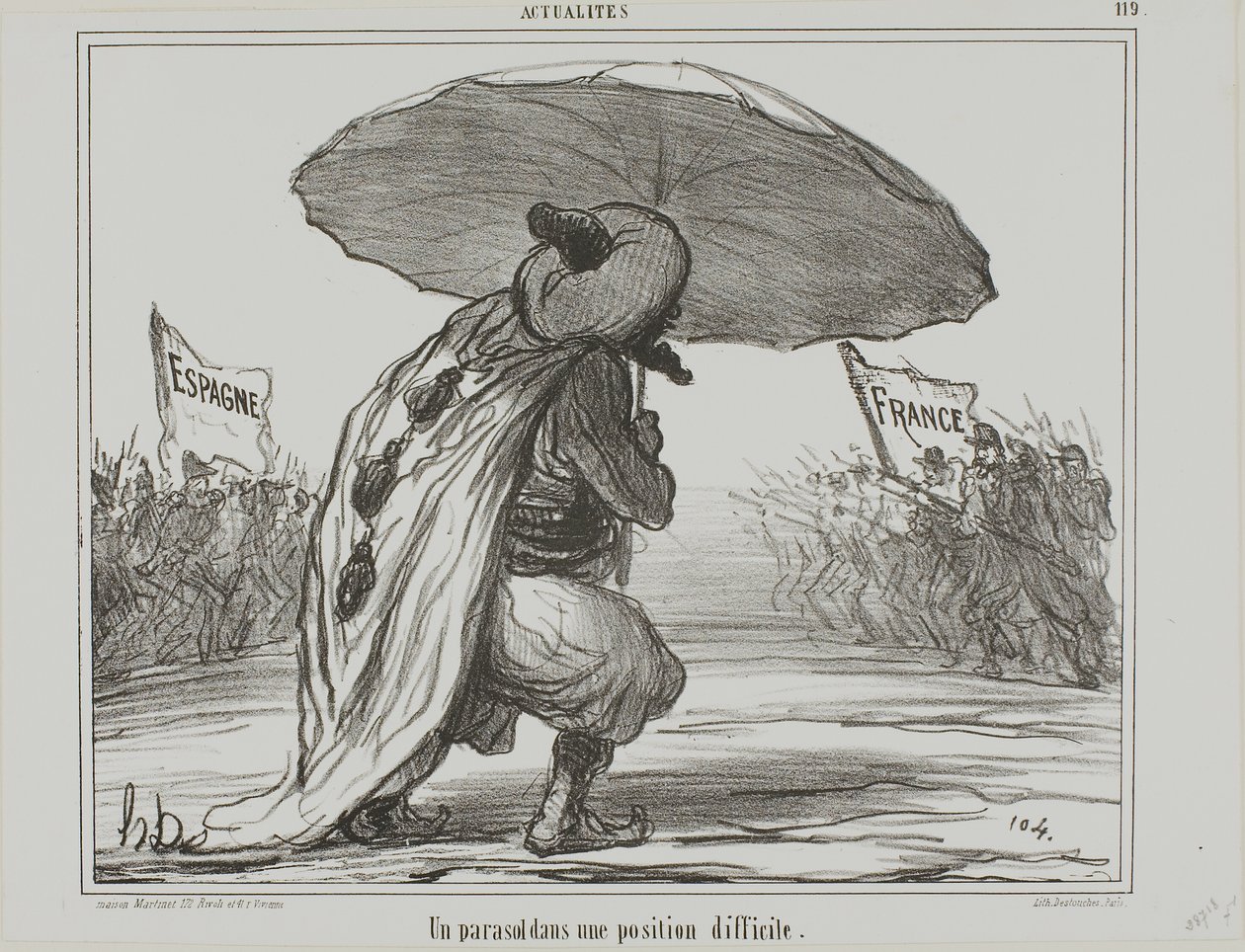 Un paraguas en posición difícil, lámina 119 de Actualités de Honoré Victorin Daumier
