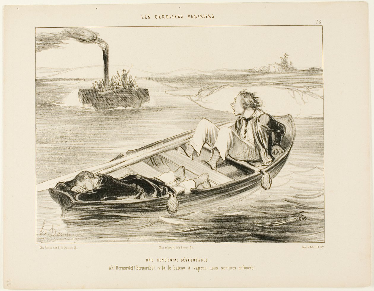 Un encuentro desagradable. "¡Bernardel, Bernardel! Aquí viene el vapor... ¡nos hundiremos!", lámina 16 de Les Canotiers Parisiens. de Honoré Victorin Daumier