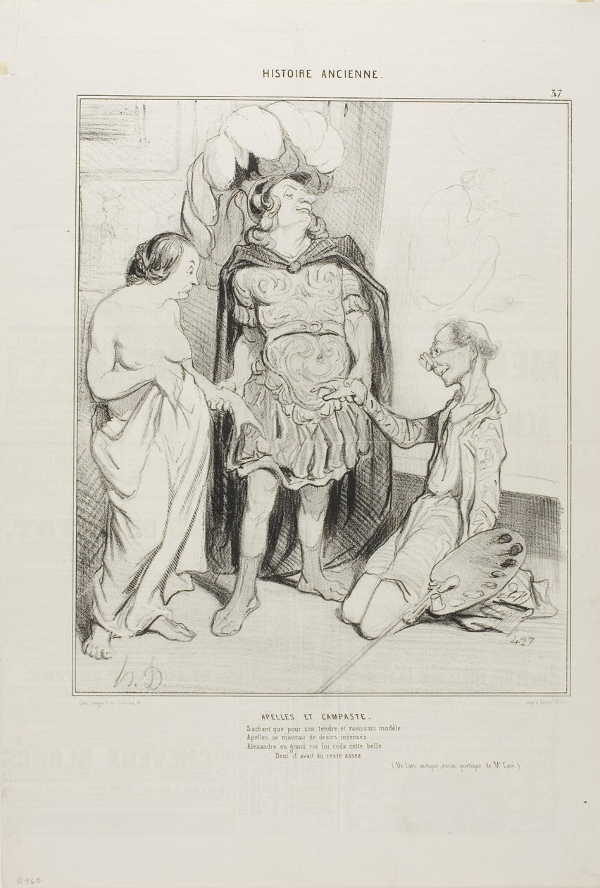 Apeles y Campaste. Consciente de que Apeles se consumía de amor, Alejandro le regaló a Campeste y, sobre todo, se cerró el primer negocio artístico de la historia: novia contra escultura, ¡qué suerte! (Del Arte y la Antigüedad, ensayo poético de M. Cavé),  de Honoré Victorin Daumier