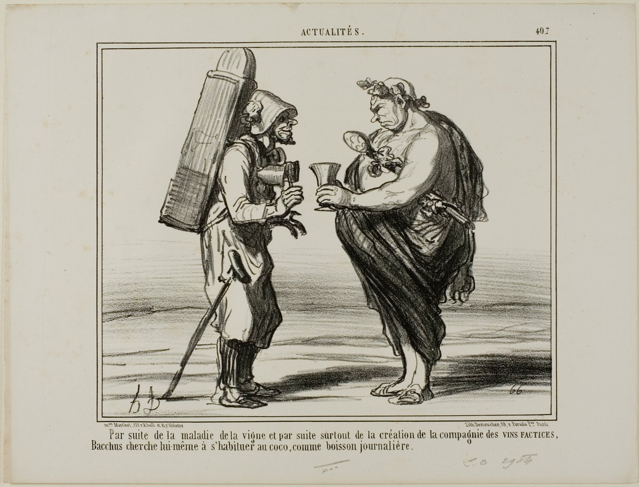 Como consecuencia de la enfermedad del vino, pero también por la fundación de la "Sociedad para la Producción de Vino Artificial", hasta Baco decide pasarse al agua de coco como bebida diaria, plato 407 de Actualités de Honoré Victorin Daumier