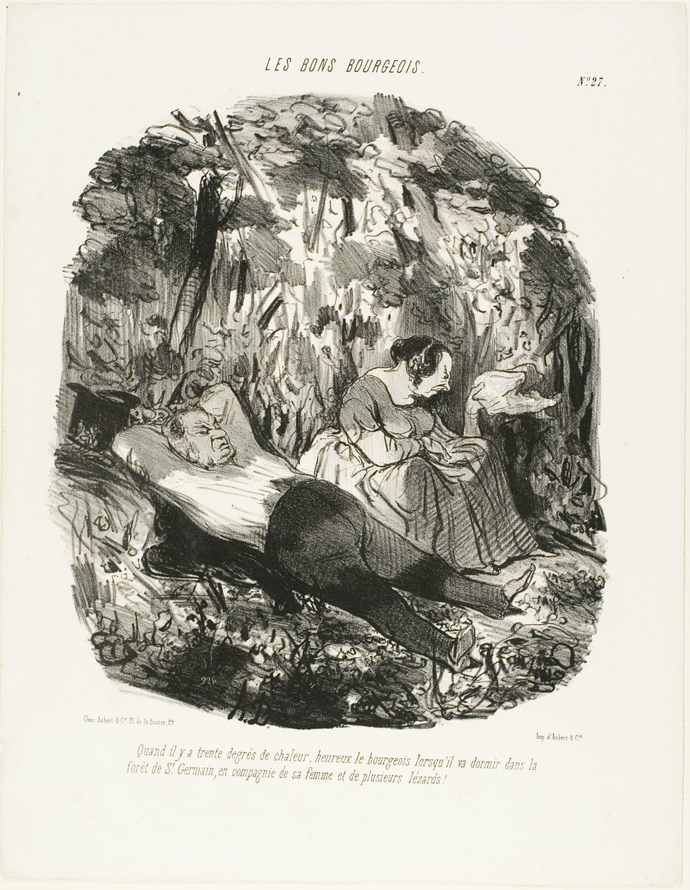 A 30°C, afortunado aquel que puede escaparse y dormitar en el bosque de Saint-Germain acompañado de su mujer y unas cuantas lagartijas, plato 27 de Les Bons Bourgeois de Honoré Victorin Daumier