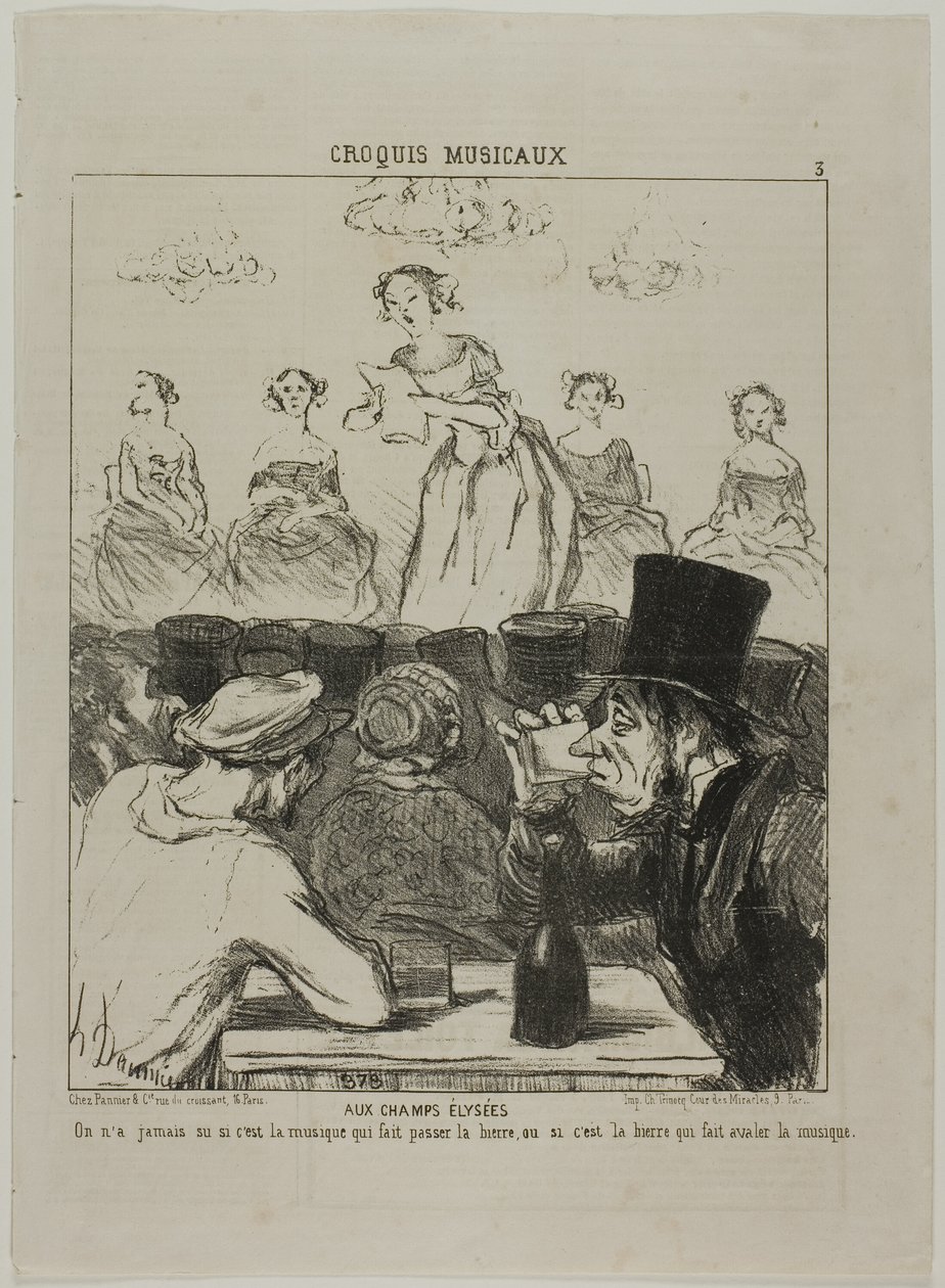 En los Campos Elíseos. Nunca ha quedado muy claro si es la música la que hace bajar la cerveza, o la cerveza la que hace tragar la música, plato 3 de Croquis Musicaux de Honoré Victorin Daumier