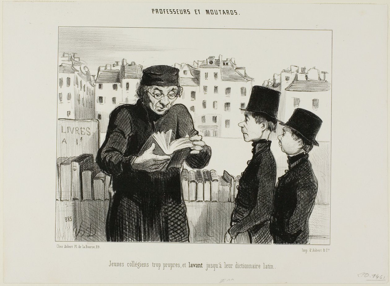 Jóvenes estudiantes de instituto limpios, incluso intentan vender su diccionario de latín, plancha 24 de Professeurs et Moutards (Profesores y bribones) de Honoré Victorin Daumier