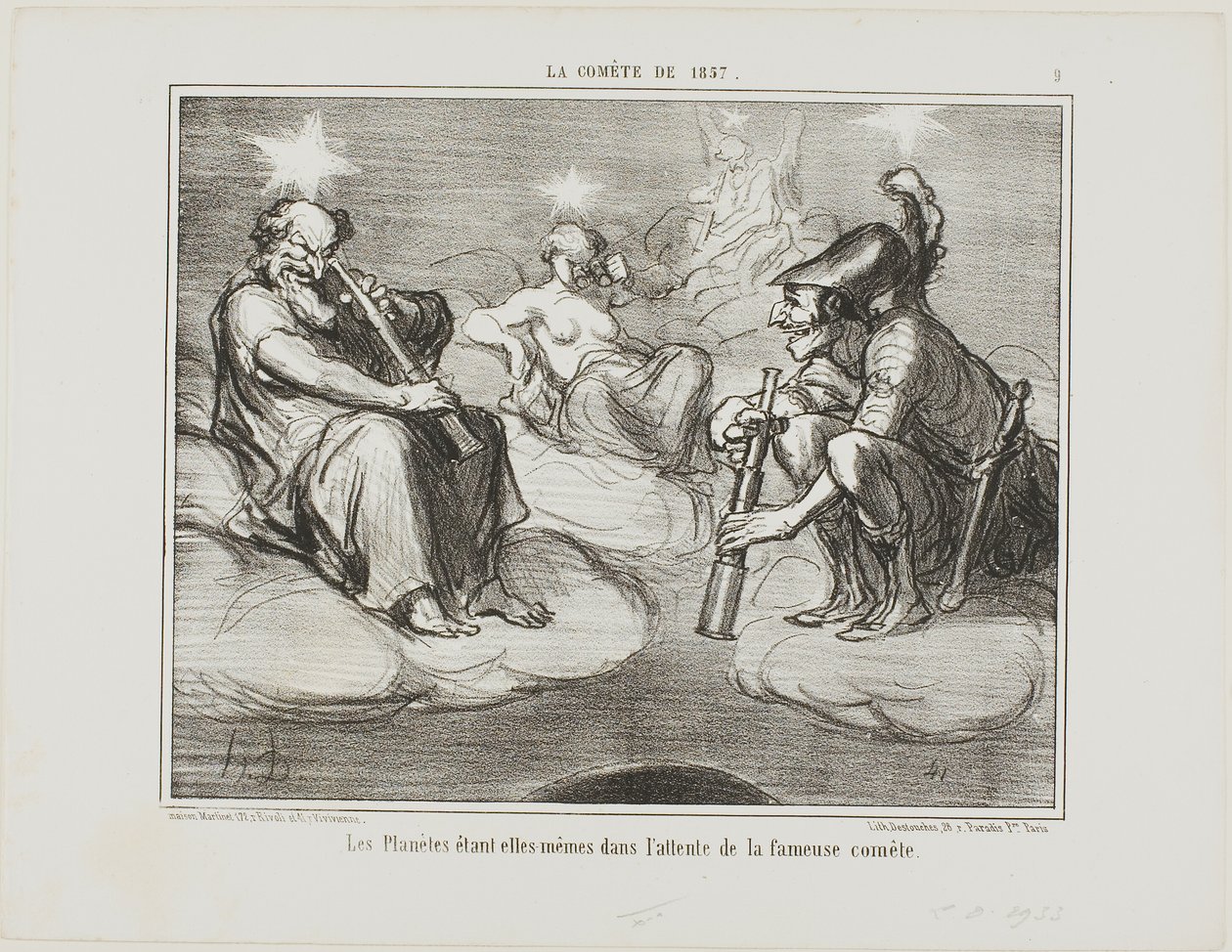 Hasta los planetas observan con interés la llegada del famoso cometa, lámina 9 de La Cométe De 1857 de Honoré Victorin Daumier