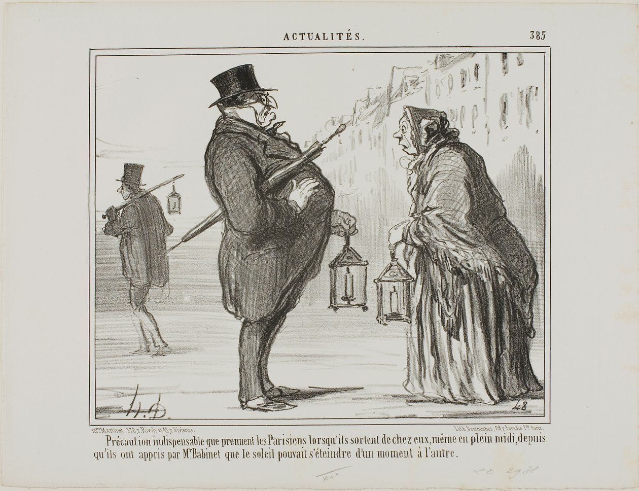 Desde que el Sr. Babinet anunció que el sol podría desaparecer de un momento a otro, los parisinos toman todas las precauciones necesarias, incluso al mediodía, placa 385 de Actualités de Honoré Victorin Daumier