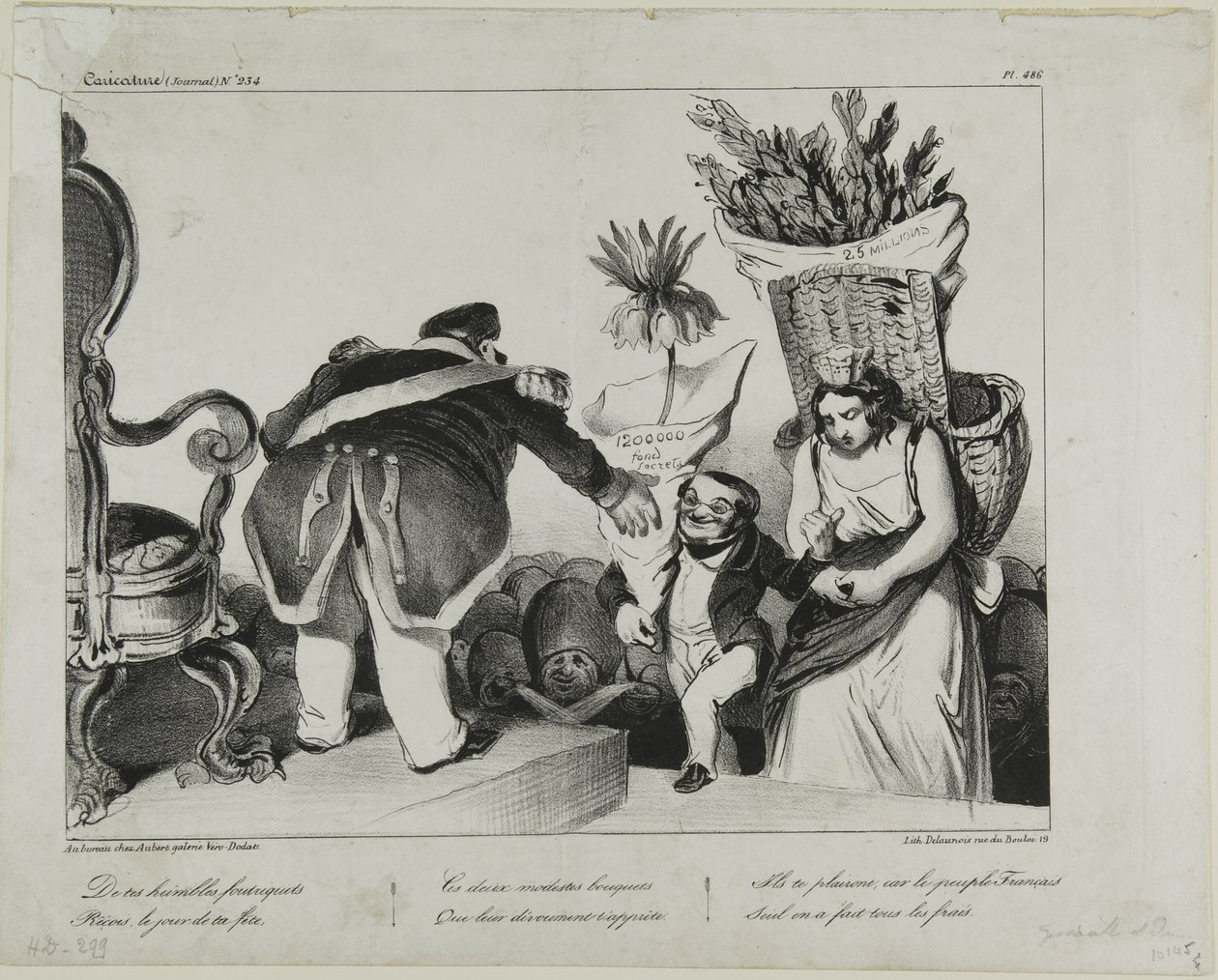 "De vuestros obedientes súbditos recibid en vuestro día de honor estos dos modestos ramos de flores. Te harán regocijarte, ya que sólo el pueblo de Francia se ha hecho cargo de los gastos", placa 486. de Honoré Victorin Daumier