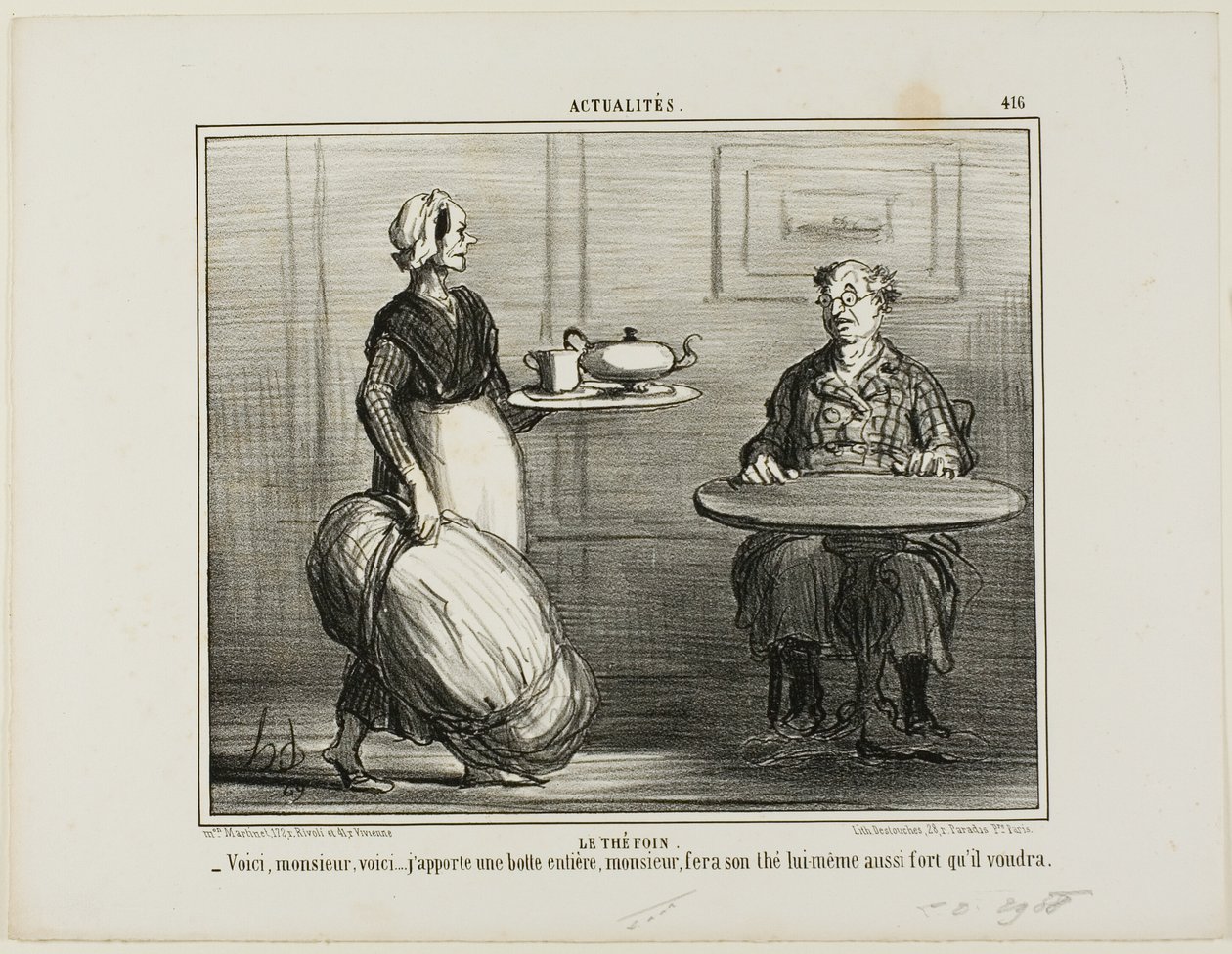 Té de hierbas. "- Aquí tiene, Monsieur, he pensado en traerle todo el paquete de heno para que pueda decidir usted mismo sobre la fuerza de su té", plato 416 de Actualités. de Honoré Victorin Daumier
